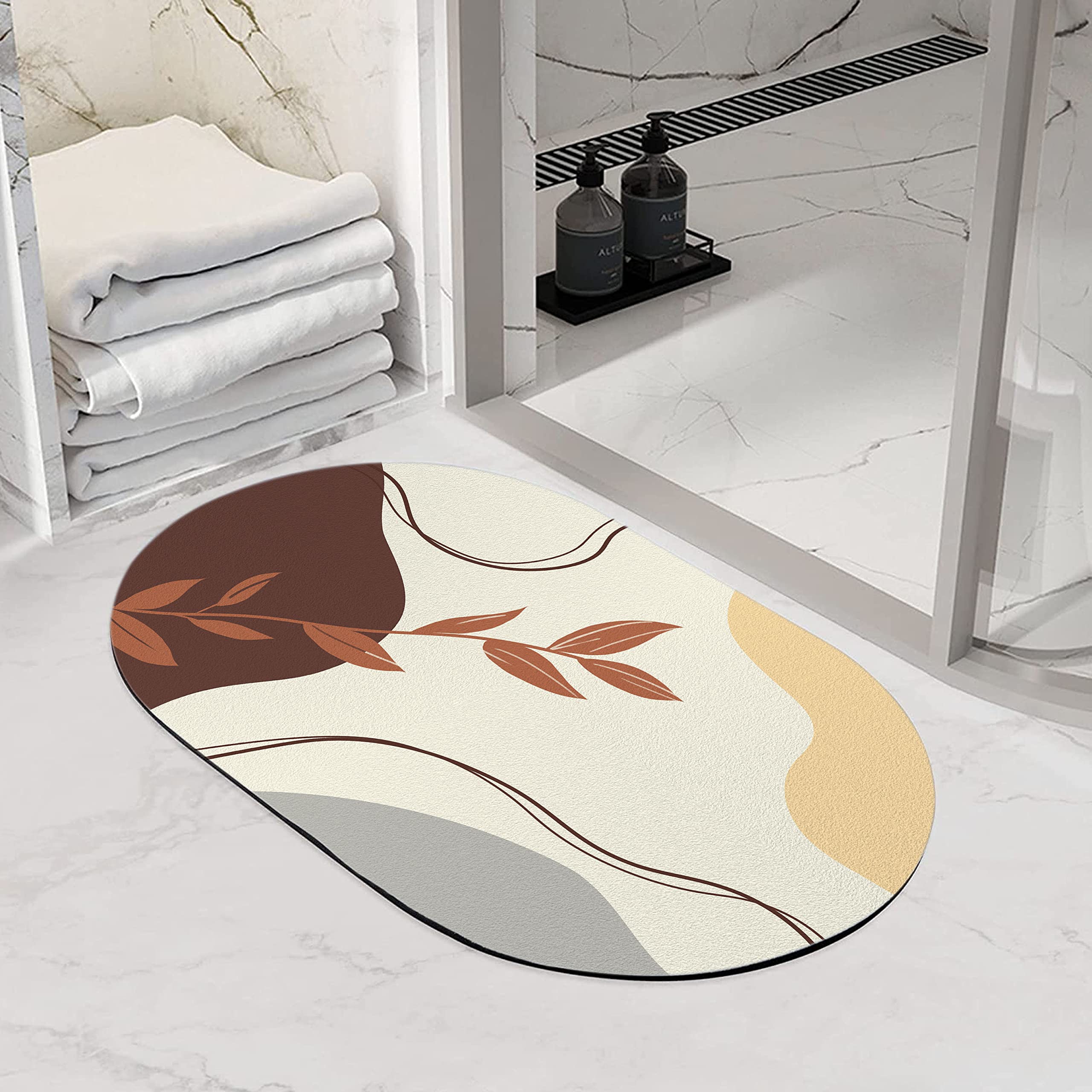 Mid Century Modern Diatomaceous Earth Bath Mat - Non-Slip Quick Dry Super Absorbent Washable Bathroom Rug with Boho Abstract Design (35×24 inch Oval) for Spa-Like Luxury & Small Space Bathrooms