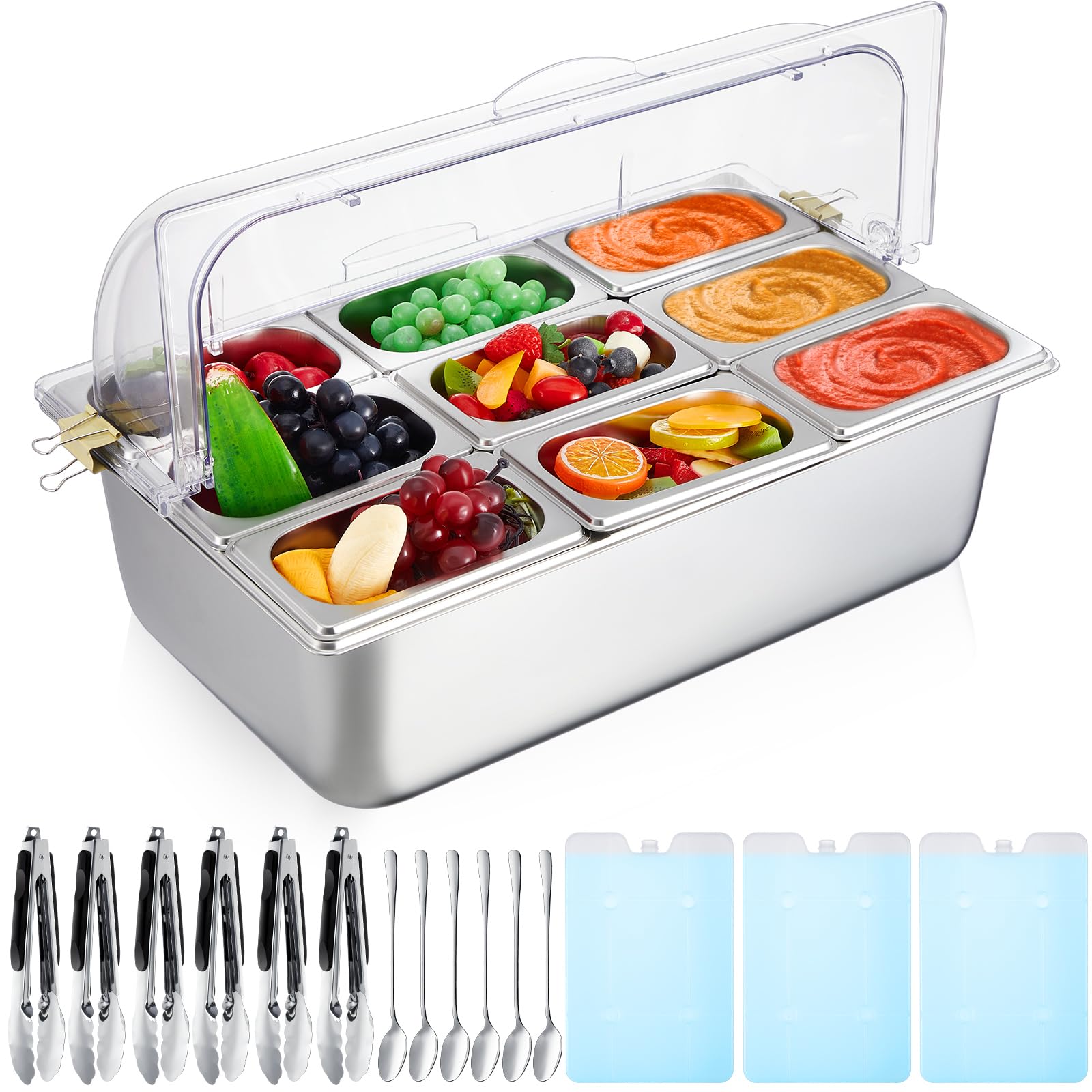 Stainless Steel 9-Compartment Countertop Ice Food Serving Display Container with Lid & Clamps - Condiment Dispenser Tray with Spoons for Restaurant Kitchen, Buffet, Party & Catering Events
