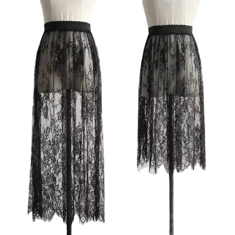 Elegant Black and White Lace High Waist Midi Skirt - Long Tulle Skirt with Elastic Waistband for Women - Perfect for Beach, Wedding, Party & Formal Occasions