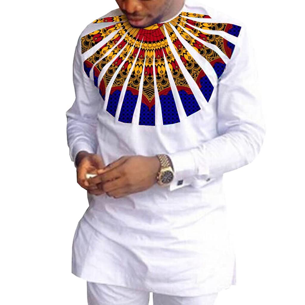 Men's 2-Piece African Print Outfit - Long Sleeve Shirt & Pants Set | 100% Cotton Traditional Ethnic Tracksuit | Sizes S-4XL | Perfect for Cultural Events, Weddings & Casual Wear