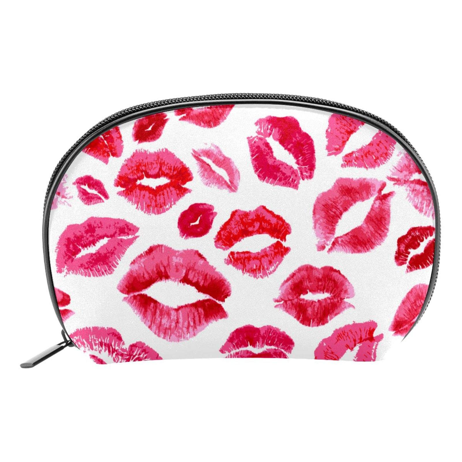 Small Makeup Bag with Zipper - Portable Travel Cosmetic Organizer for Women & Girls - Half Moon Shaped Kiss Pattern Pouch - Perfect for Cosmetics, Jewelry & Toiletries on the Go