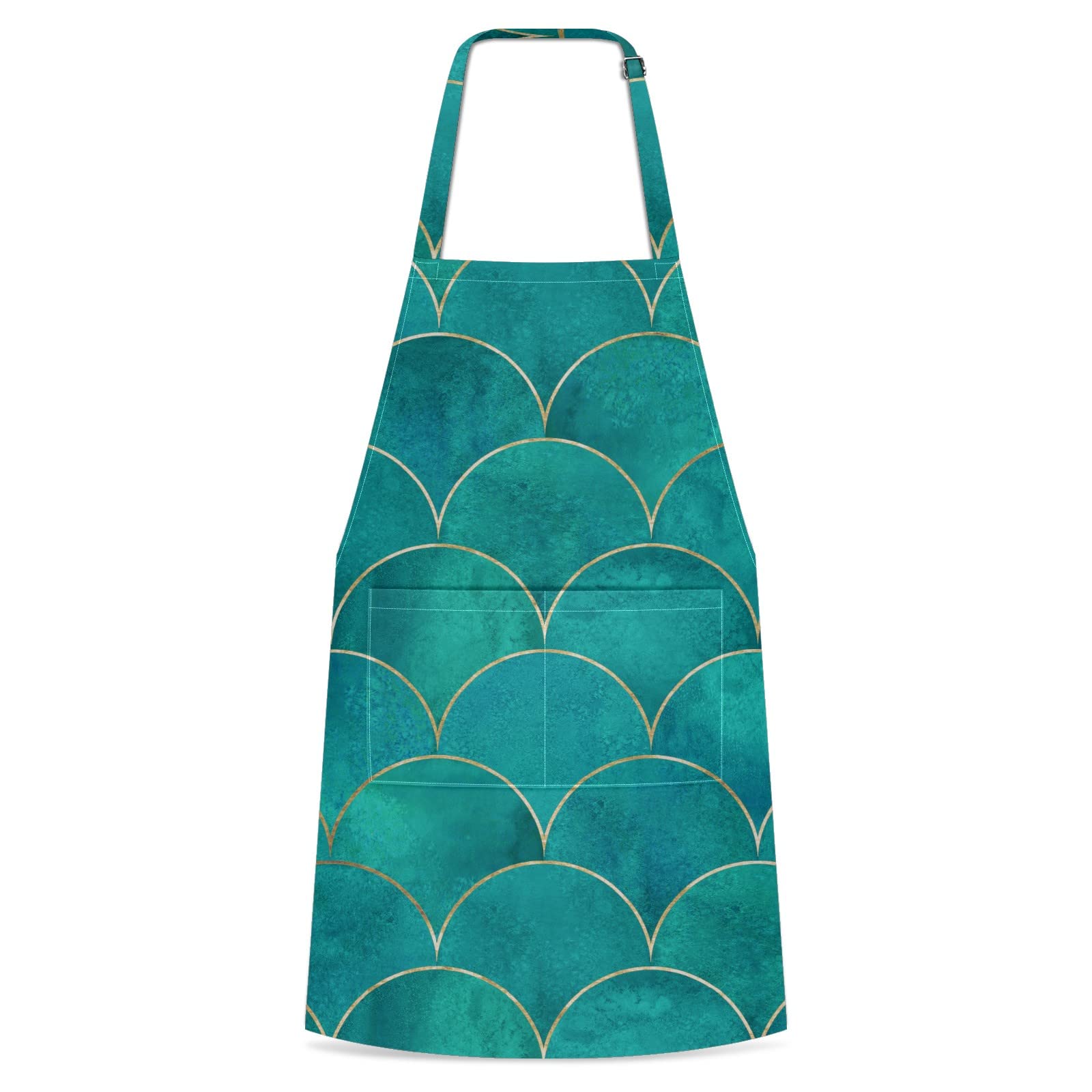 Waterproof Apron with Pockets - Adjustable Neck Peacock Blue Mermaid Scale Pattern for Gardening, Cooking, Baking, BBQ, Painting & Barber Use - Durable Kitchen & Outdoor Apron for Chefs, Gardeners & Artists