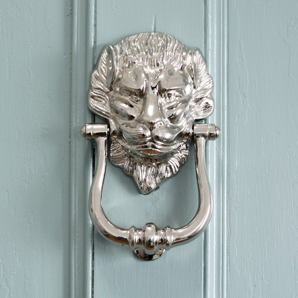 Polished Nickel Lion Door Knocker - Large Antique Brass Door Knocker for Front Entry - Perfect for Victorian Homes & Castle Style Doors