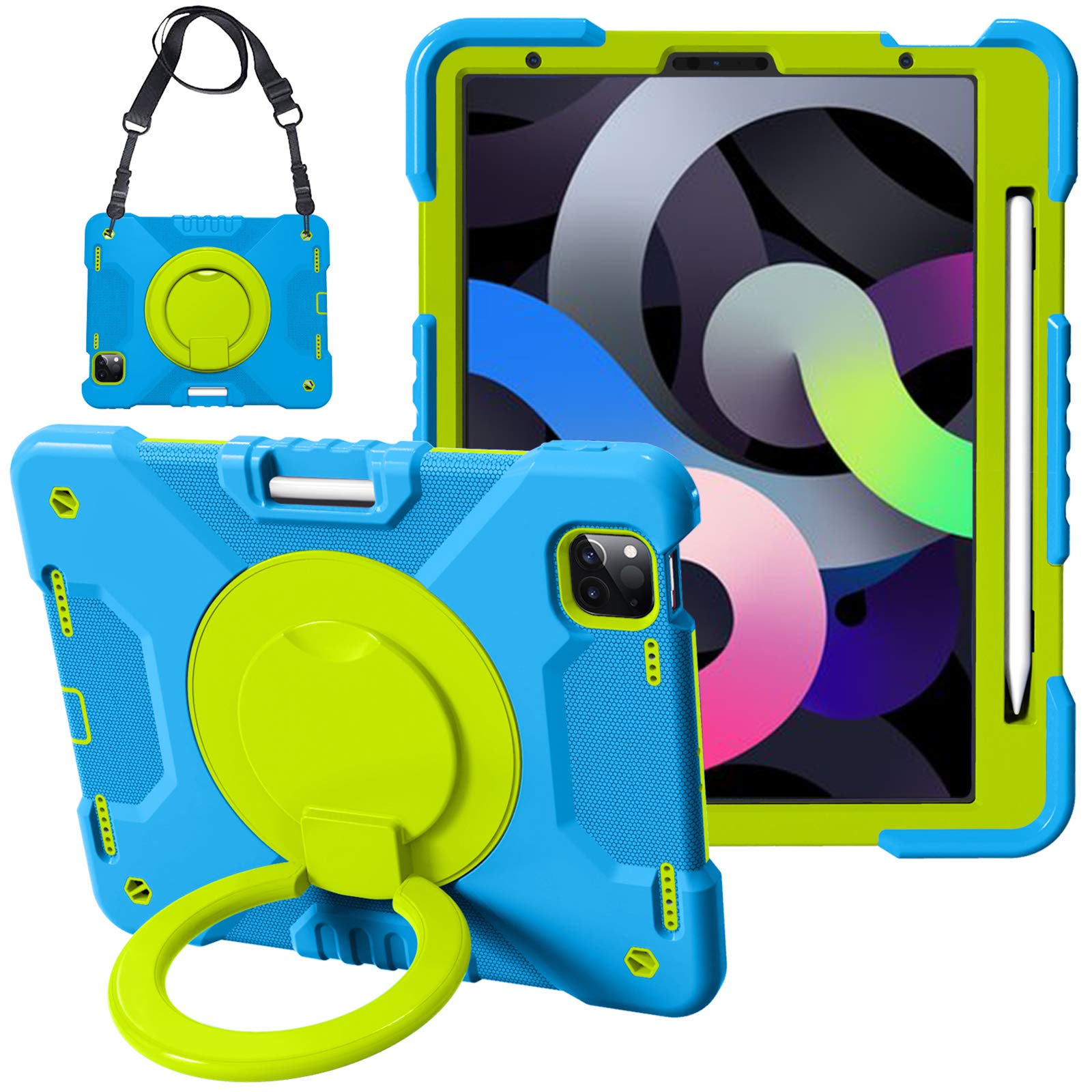Premium Shockproof Case for iPad Air 5th/4th Gen & iPad Pro 11 (2022/2020) - Rotating Stand Handle with Pencil Holder & Shoulder Strap | Full Protection Cover in Blue/Green | Perfect for Work, Travel & Outdoor Use