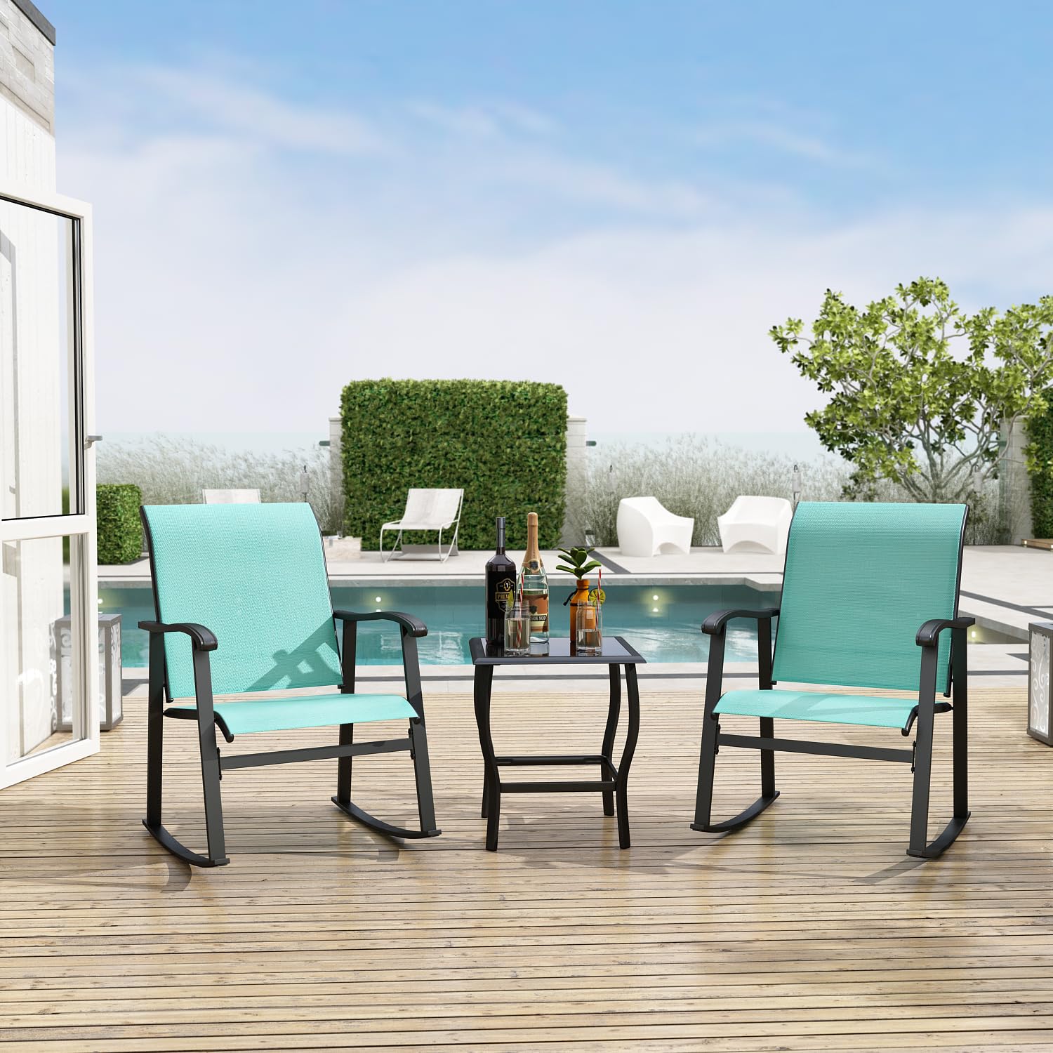 Hitow 3-Piece Outdoor Rocking Chair Set with Coffee Table - Textilene Fabric Chairs & Metal Frame Patio Furniture for Porch, Balcony, Lawn, Garden - Perfect for Relaxing, Entertaining & Enjoying Nature (Blue)