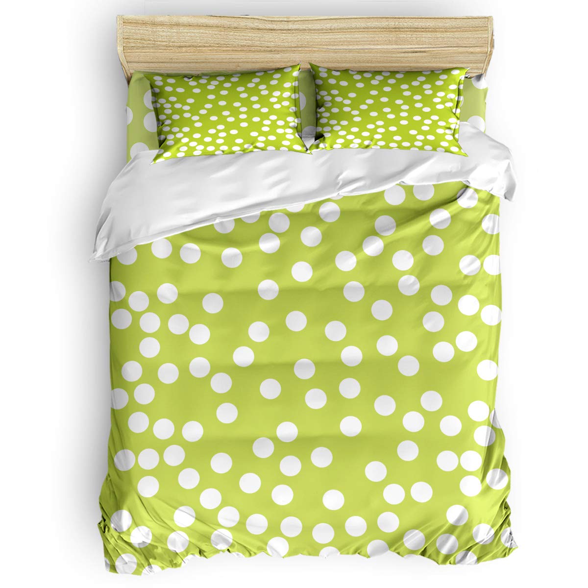 FortuneHouse8 4-Piece Bedding Set - White Polka Dot Yellow Green Duvet Cover with Zipper Closure, Includes 1 Duvet Cover, 1 Fitted Sheet & 2 Pillowcases for Kids Teens Adults - Twin Size | Soft Breathable Bed Sheets for Boys Girls Bedroom Decor & Guest Room