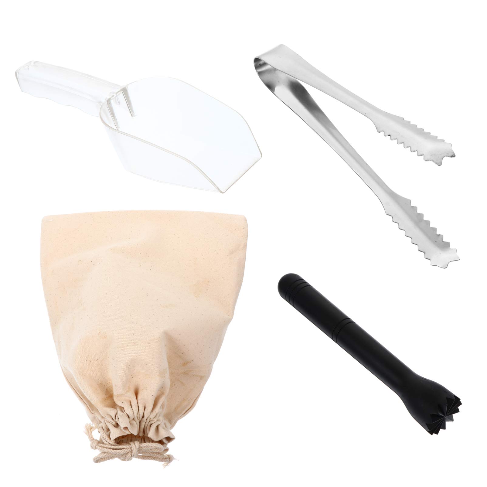 Hemoton 4-Piece Canvas Ice Bag Set with Ice Tong, Muddler & Shovel - Bartender Tools for Crushed Ice in Mojitos, Cocktails & Home Bars - Perfect for Parties, Kitchen & Mixing Drinks