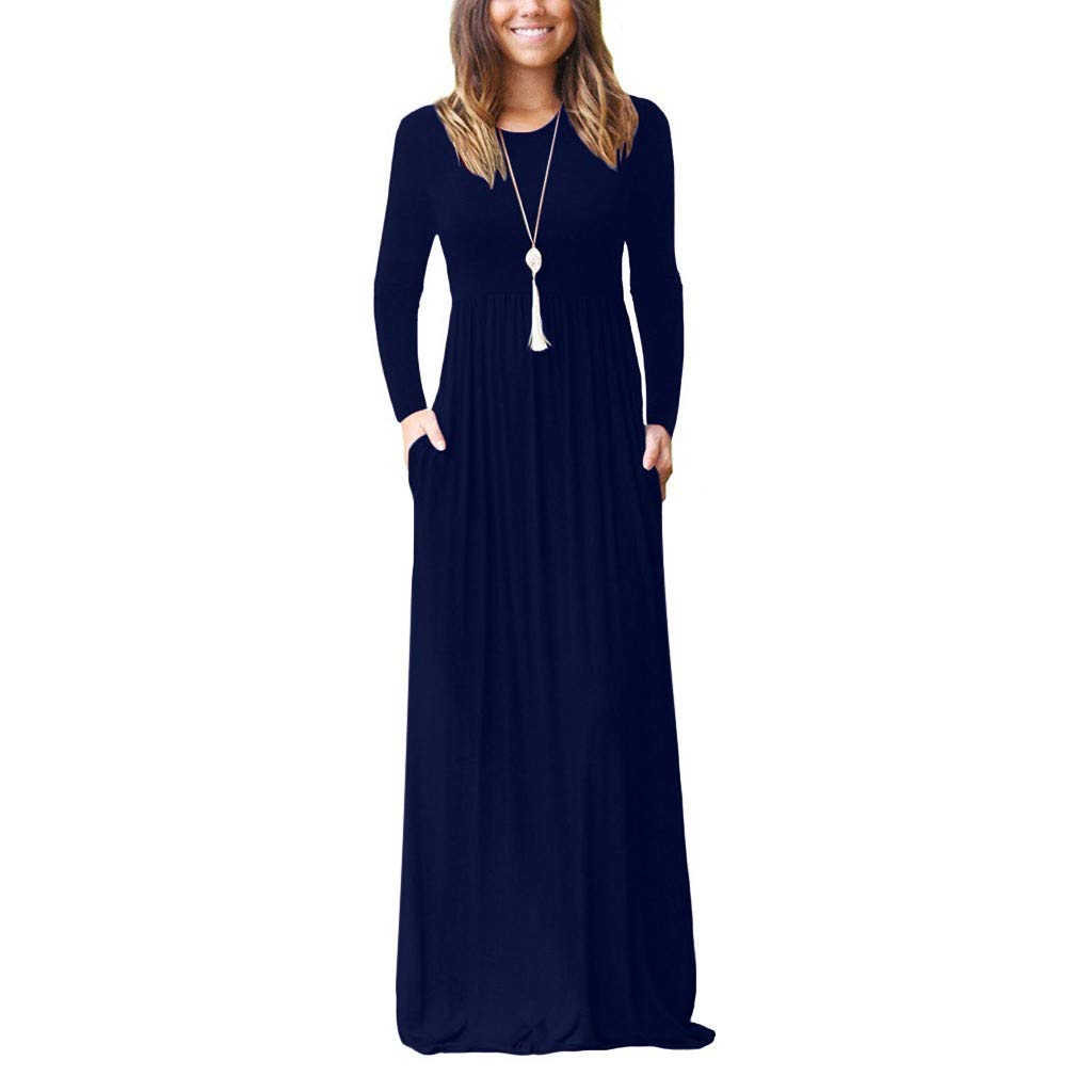 Women's Casual Summer Maxi Dresses - Long Sleeve Loose Plain Empire Waist with Pockets | Perfect for Beach, Vacation & Everyday Wear