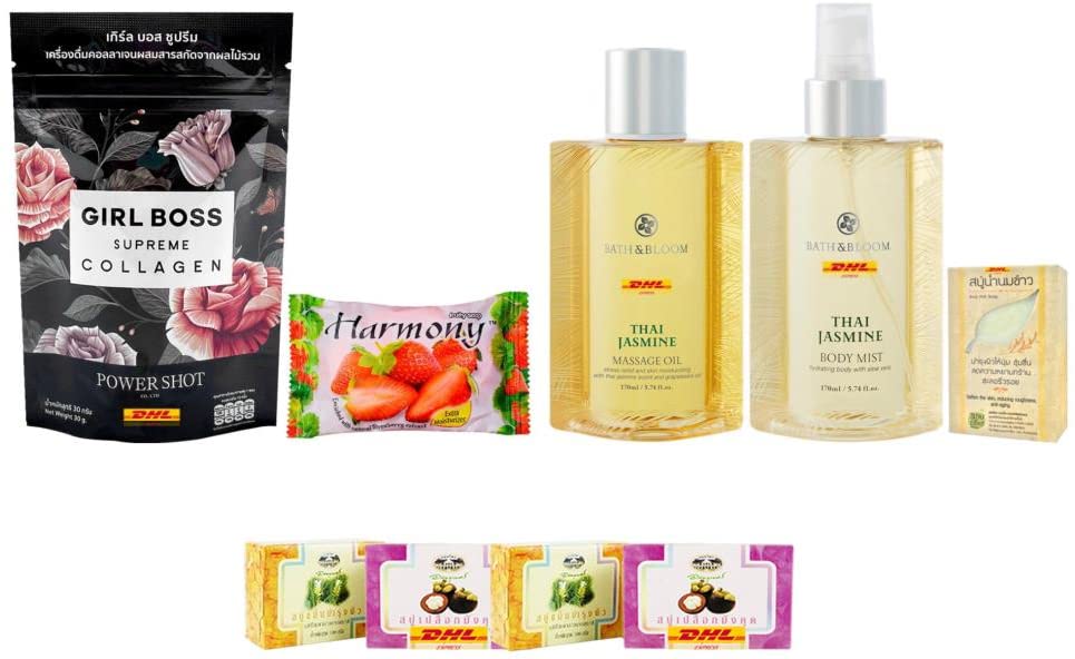 Premium J-7862 Girl Boss Supreme Collagen Dipeptide Tripeptide Bath Set - Thai Jasmine Massage & Bloom Collection | Spa & Self-Care Gift for Women | DHL Express Shipping by ThaiGiftShop [Free Tomato Facial Mask Included] | Perfect for Relaxation, Birthday Gifts & Home Spa Treatments