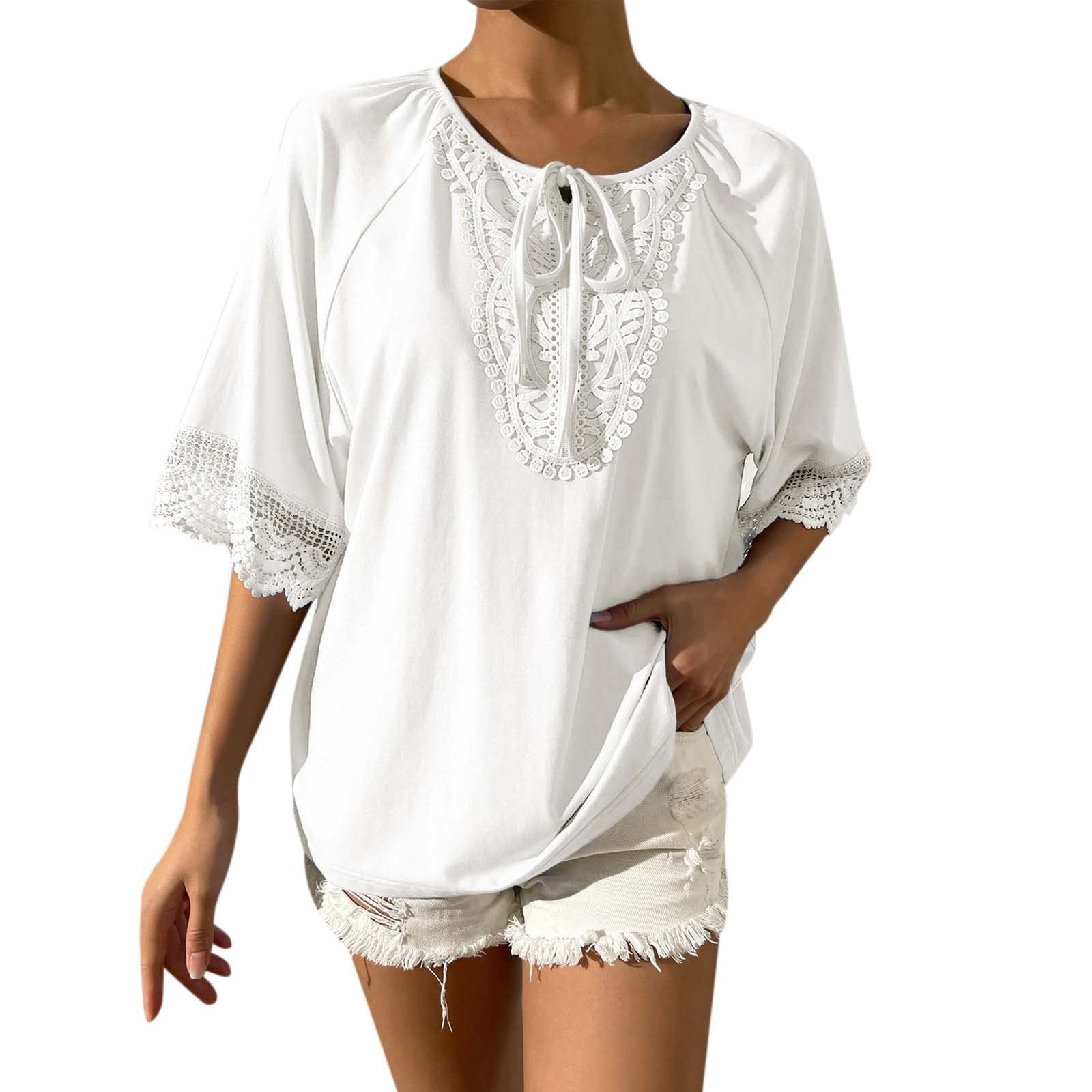 Women's Sexy White Spandex T-Shirt - O-Neck Lace Short Sleeve Tie Top with Solid Collar | Perfect for Date Night, Club Outfits & Summer Fashion