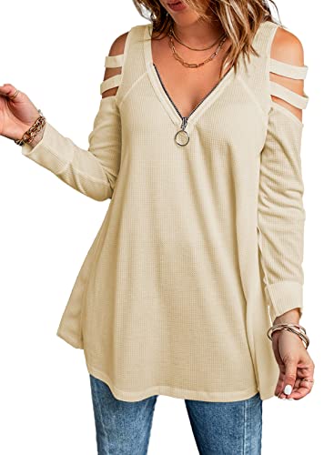 FARYSAYS Women's Casual Cold Shoulder Zipper V Neck Tunic Top - Long Sleeve Waffle Knit Loose Blouse Shirt for Fall & Winter Layering | Office Wear & Weekend Outfits