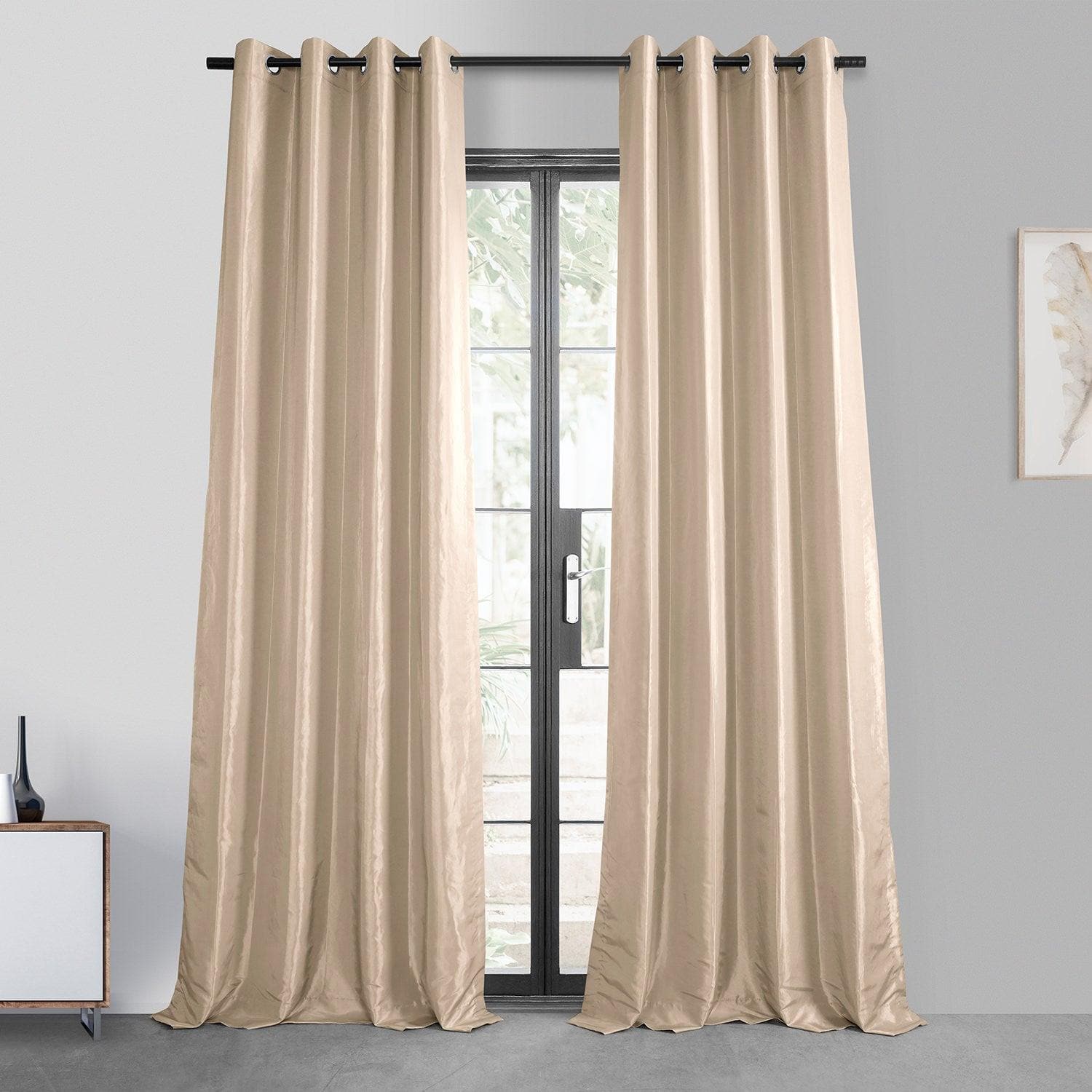 Antique Beige Grommet Faux Silk Taffeta Blackout Curtains - Elegant Light Blocking Window Drapes for Living Room & Bedroom (Set of 2 Panels)