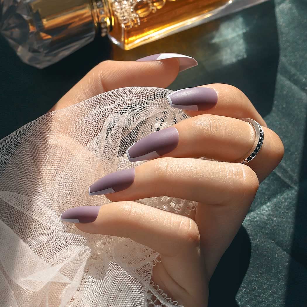 24Pcs Matte Ballerina Long False Nails - Coffin Purple French Tip Acrylic Nail Tips for Women | Full Cover Salon Quality Fake Nails | Perfect for Parties, Weddings & Special Occasions