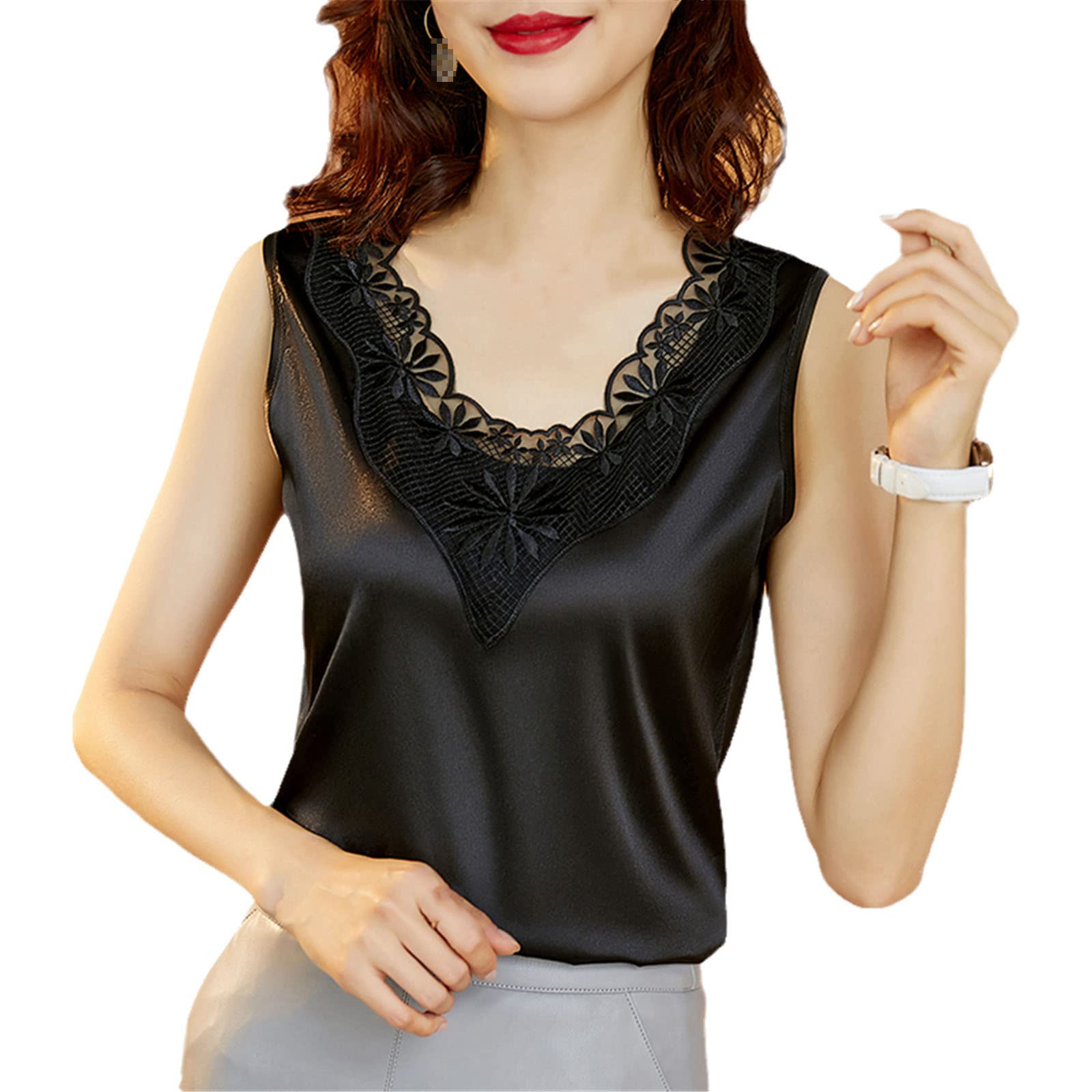 Women's Silk Blouse Satin Shirt Top with Lace Embroidery - Elegant V-Neck Printed Blouse for Work, Party & Special Occasions