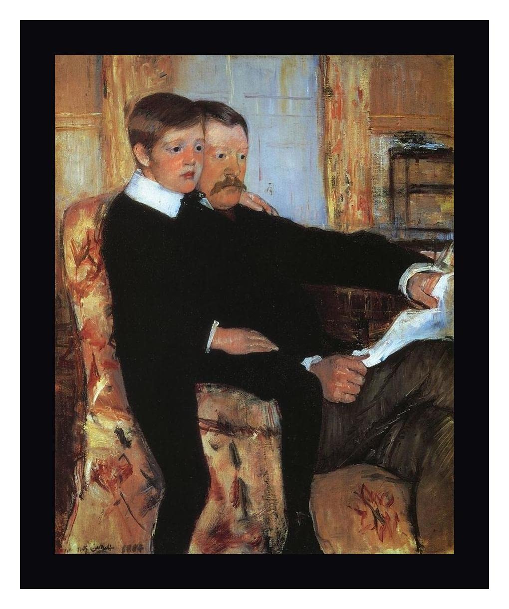 Mary Cassatt 'Alexander And His Son Robert 1885' Framed Canvas Art Print - 17x20 Inches Black Frame - Ready to Hang Wall Decor for Living Room, Bedroom & Office