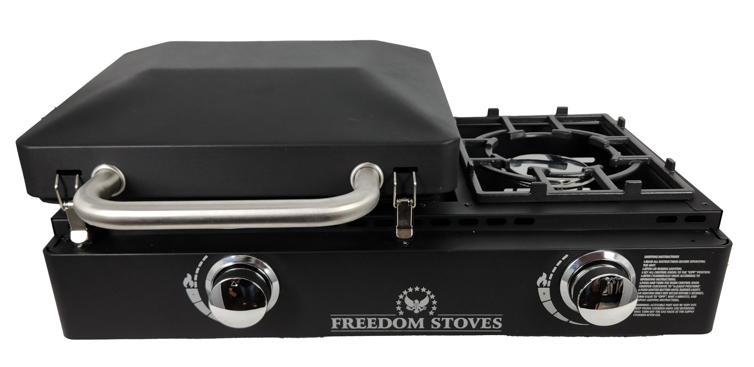 Freedom Stove 22 Inch Non Stick Ceramic Coated Flat Top Propane Gas Griddle with Locking Lid - Includes Utensils, Cover & LP Adapters (1LB & 20LB) - Perfect for Outdoor Cooking, Camping, Backyard BBQs, Tailgating & Patio Parties (22