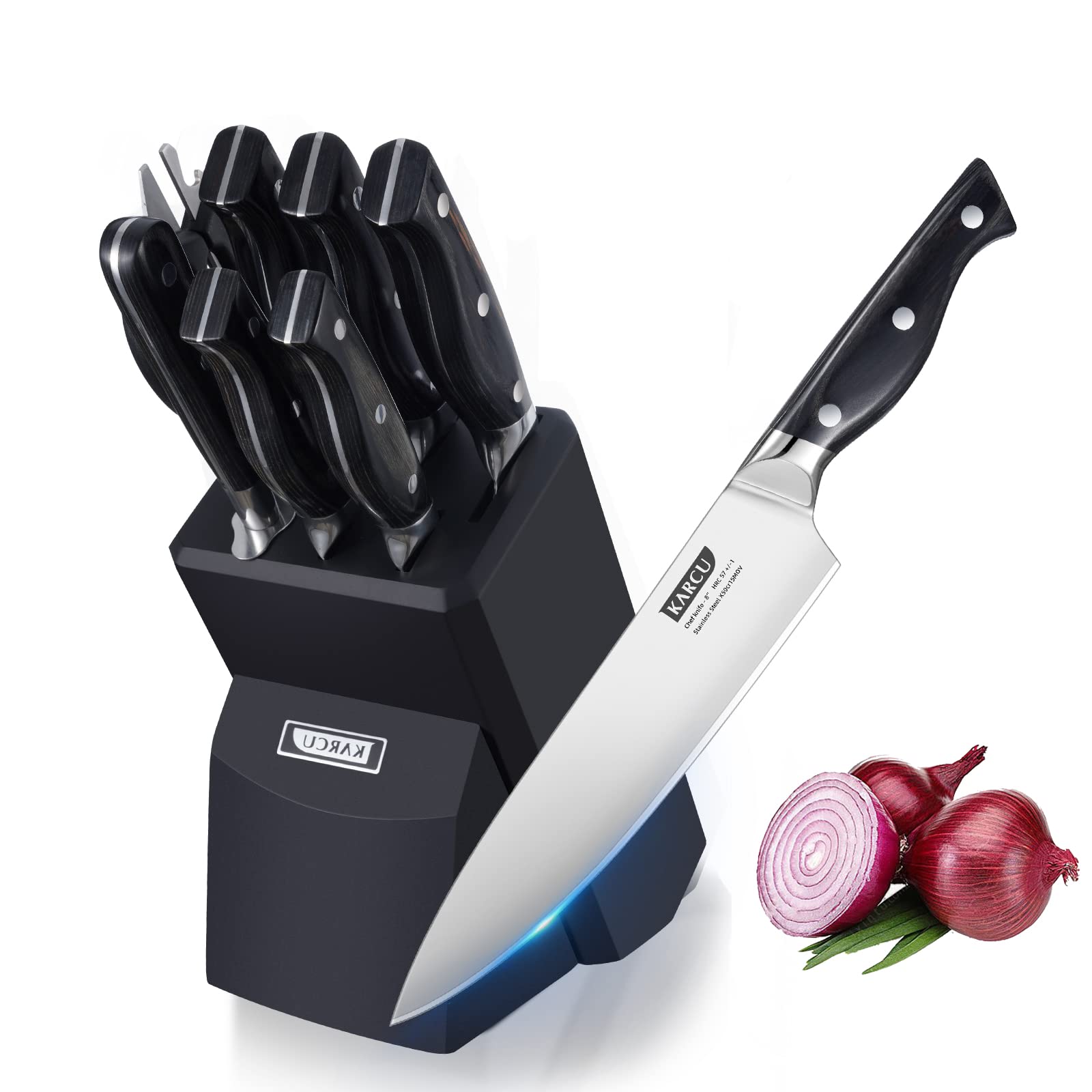 Karcu 8-Piece German Steel Knife Set with Acacia Wood Block, Sharpener & Scissors - Premium Kitchen Knives for Cooking, Slicing & Food Prep