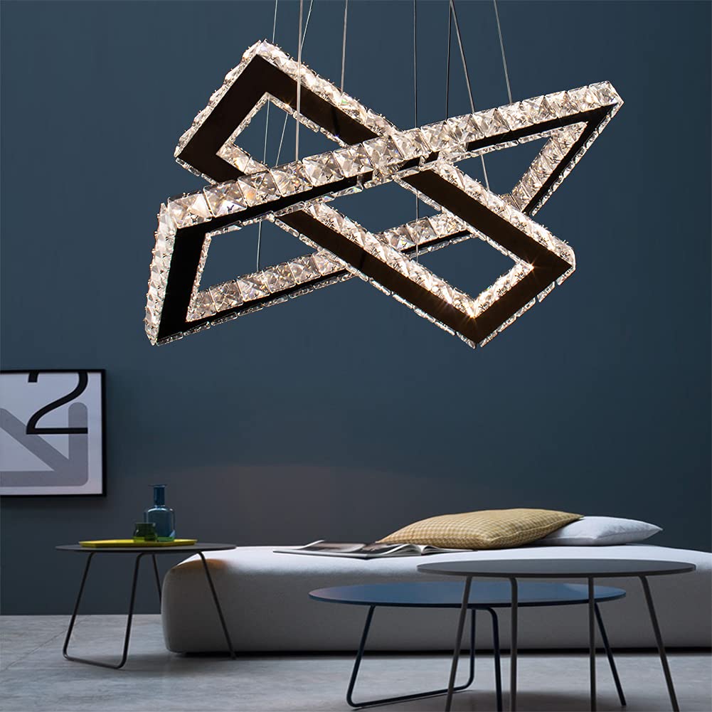 Modern Rectangular Crystal Chandelier LED 2-Tier Ceiling Light Fixture - Stainless Steel Pendant Lighting for Dining Room, Living Room, Bedroom - Dimmable (16.93