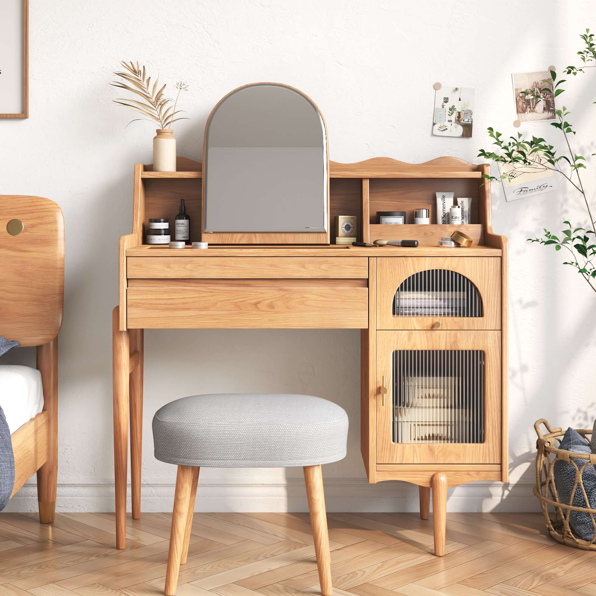 Elegant Wooden Makeup Vanity Table with Dressing Mirror, Drawers & Side Cabinet - Perfect for Bedroom, Dressing Room & Beauty Salon Organization