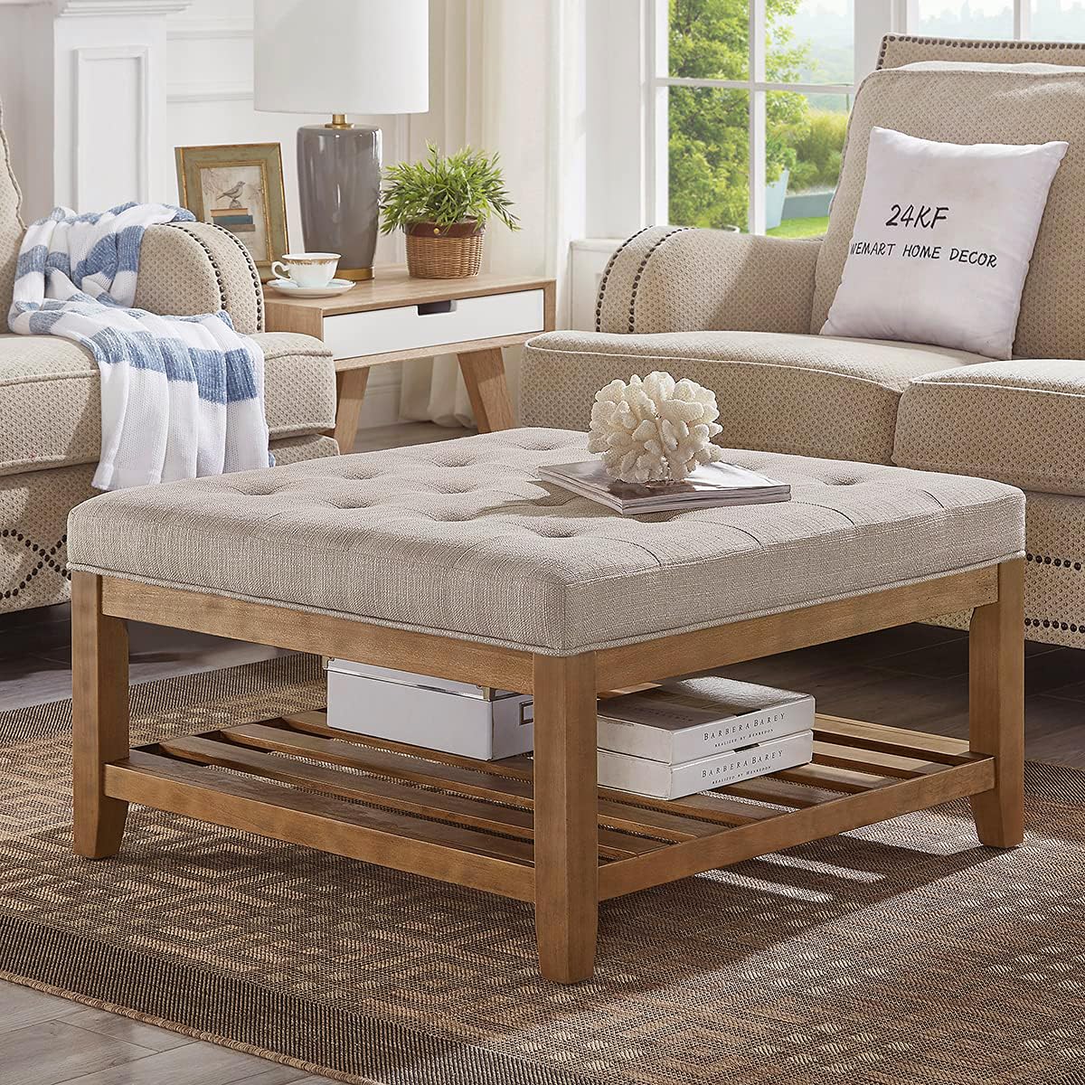 24K Gold Large Square Upholstered Tufted Linen Ottoman Coffee Table with Solid Wood Shelf - Multi-Functional Footrest, Storage Bench for Living Room, Bedroom & Office