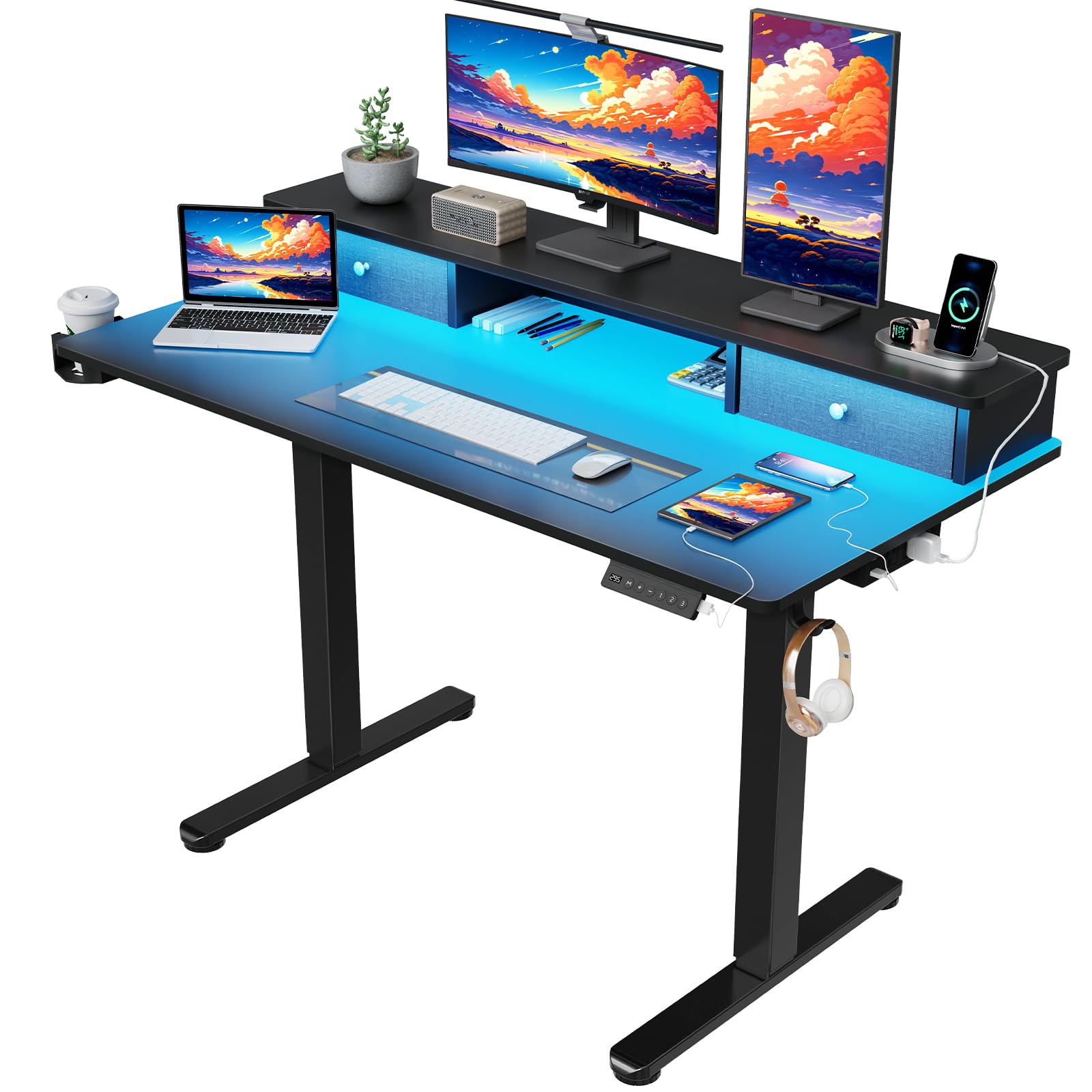 Vabches 48 Inch Electric Standing Desk with Adjustable Height, LED Display, Drawers & Charging Station - Ergonomic Sit Stand Work Desk with Storage for Home Office (Black) | Perfect for Remote Work, Gaming Setup & Study Space