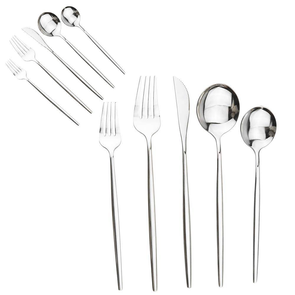 Premium 10-Piece Stainless Steel Silverware Set - 304 Mirror Polished Cutlery with Curved Design (Forks, Spoons, Knives) - Dishwasher Safe Flatware for 2 - Perfect for Dinner Parties, Restaurants & Everyday Dining (Silver)