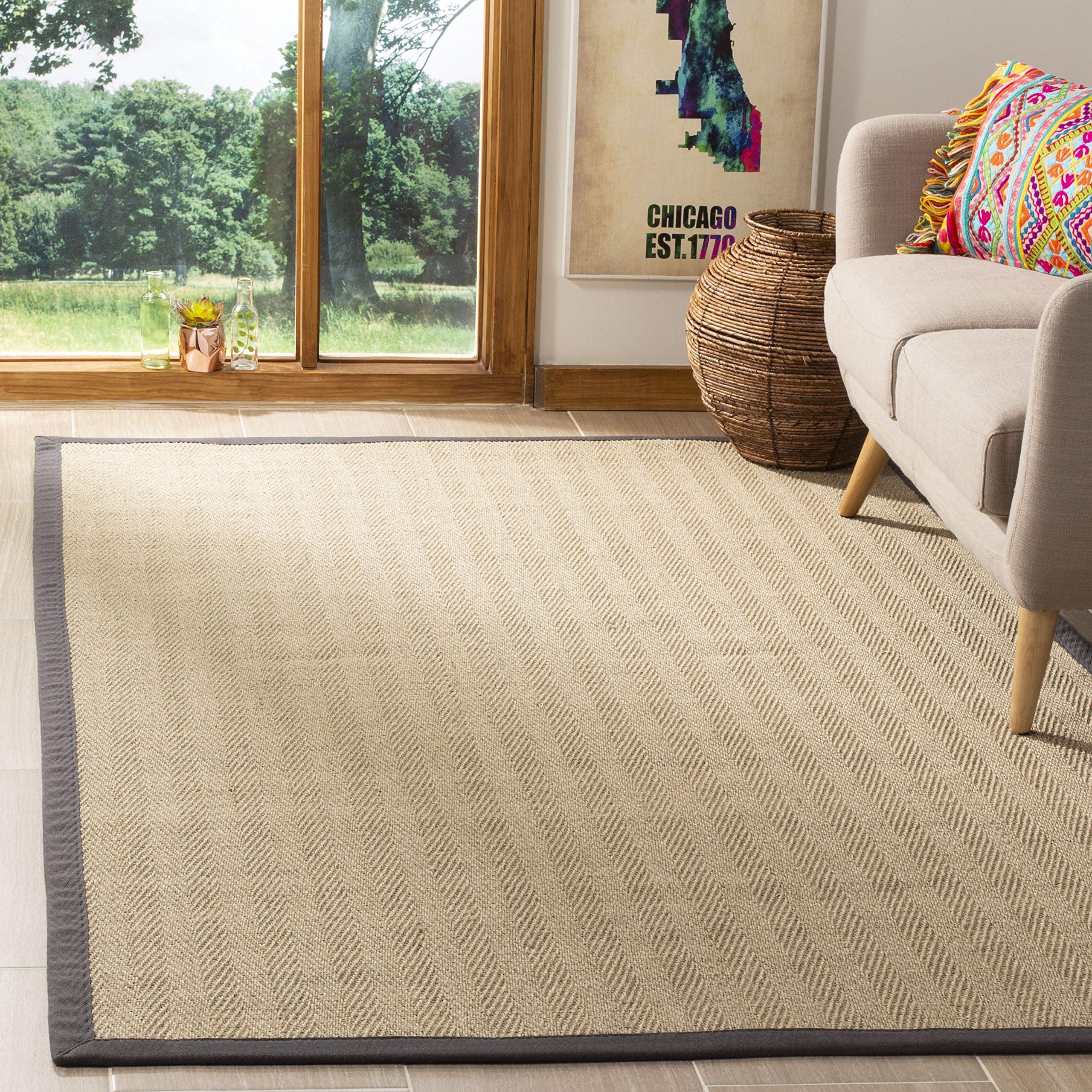 SAFAVIEH Natural Fiber Collection 6'x6' Square Grey NF134A Border Sisal Area Rug - Perfect for Living Room, Bedroom & Home Office Decor
