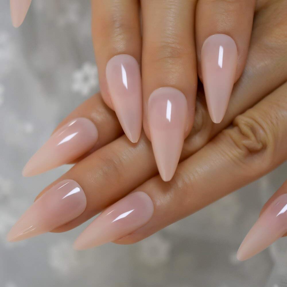 CoolNail Press-On Nails - Natural Nude Pointed Stiletto False Nail Tips, Acrylic Salon Full Cover Artificial Nails with Glue & Stickers | Perfect for Parties, Weddings & Everyday Wear