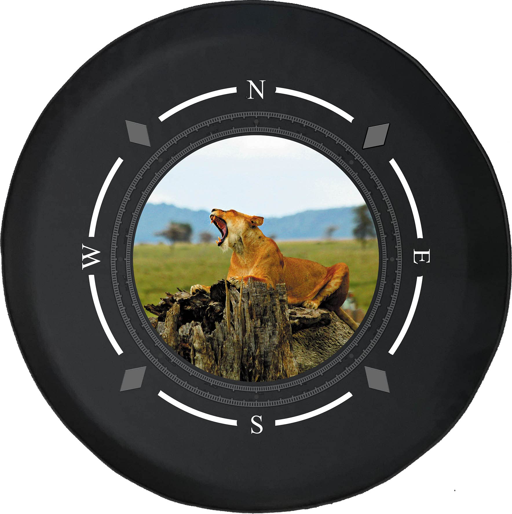Premium Spare Tire Cover with Compass Design - Serengeti African Lion Print for SUVs, Trailers, RVs & More - Durable Wheel Protector for Outdoor Adventures & Road Trips