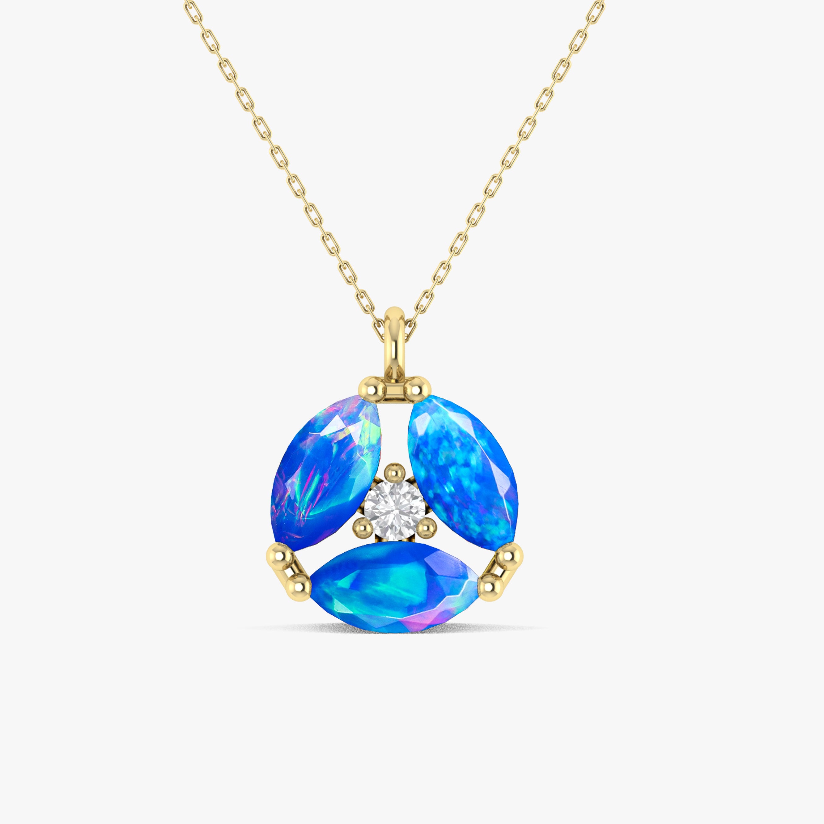 Fire Blue Opal Three Stone Round Pendant Necklace - Elegant Jewelry for Women, Gift for Her, Perfect for Weddings, Anniversaries & Special Occasions