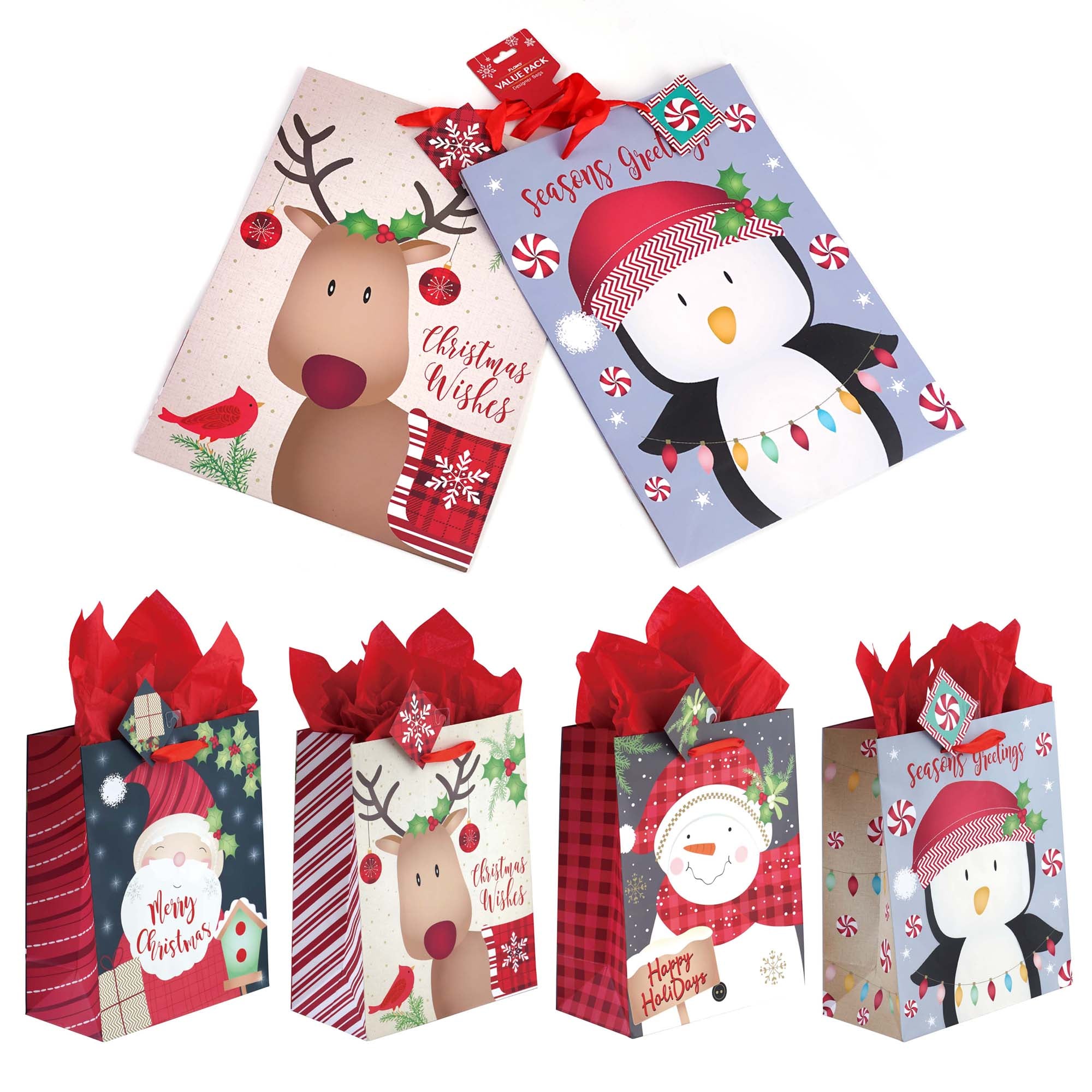2-Pack Extra Large Merry Holiday Wishes Printed Gift Bags - 4 Festive Designs for Christmas Presents, Party Favors & Seasonal Decorations