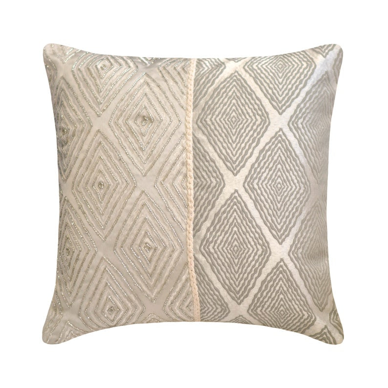 Luxury Grey & Ivory Silk Throw Pillow Cover - Soft Decorative Cushion Case for Sofa, Bed, Living Room & Home Decor