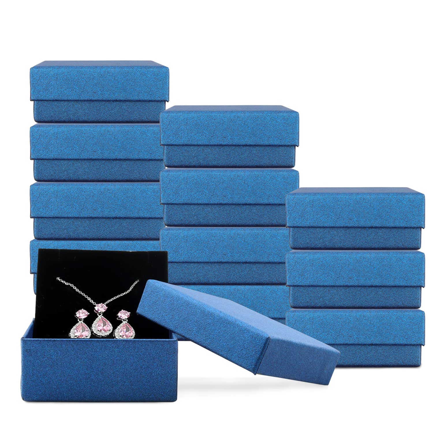 12 Pack Square Cardboard Jewelry Gift Boxes with Cotton Filling - 3.27x3.27x1.38 Inches Blue Necklace Earring Ring Storage Case | Perfect for Jewelry Gifting, Wedding Favors & Retail Packaging