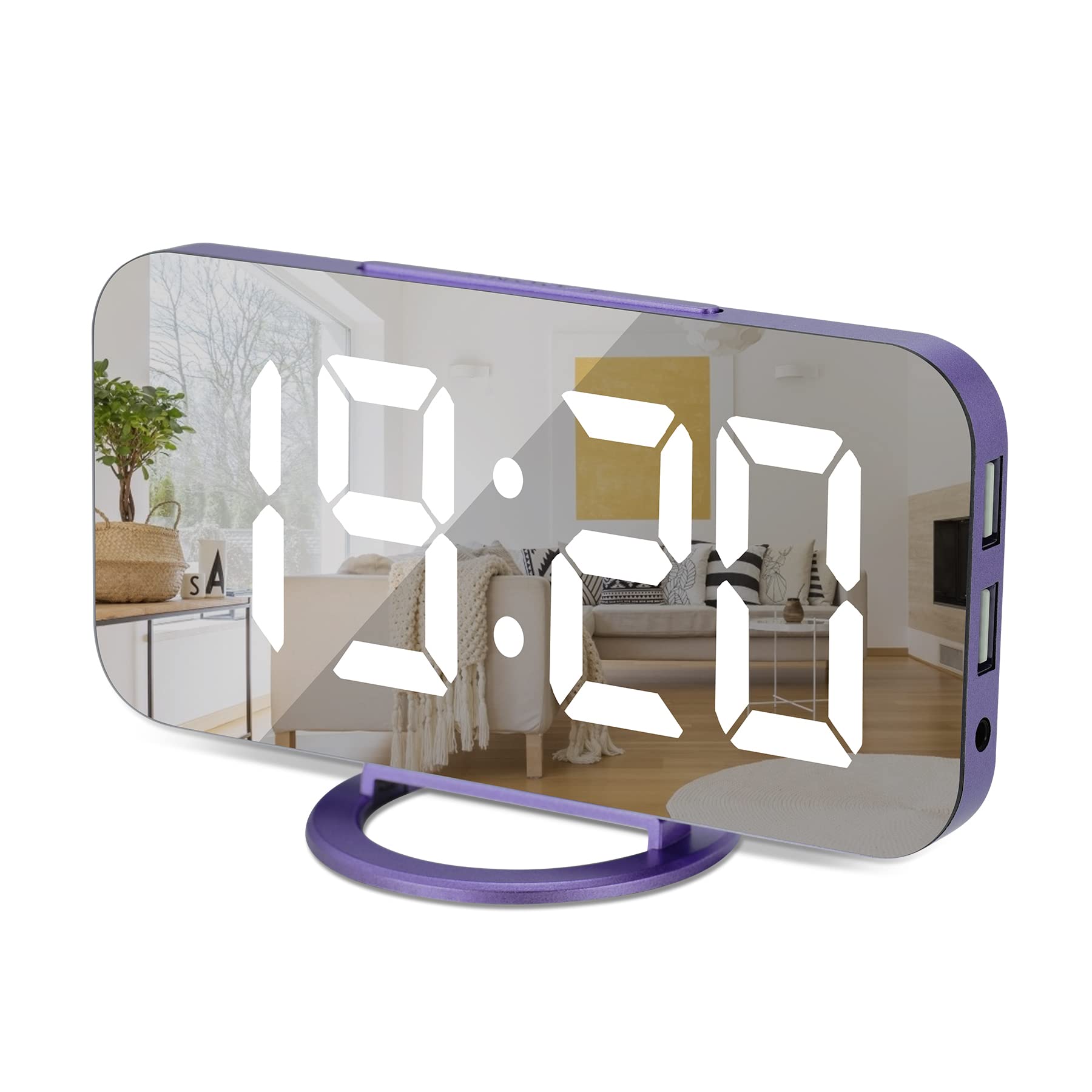 Large Digital Alarm Clock with LED Mirror Display - 3-Level Dimming Mode, Dual USB Charging Ports for Bedroom, Home Decor & Makeup Vanity (Purple) | Perfect for Nightstands, Dressers & Home Office Desks
