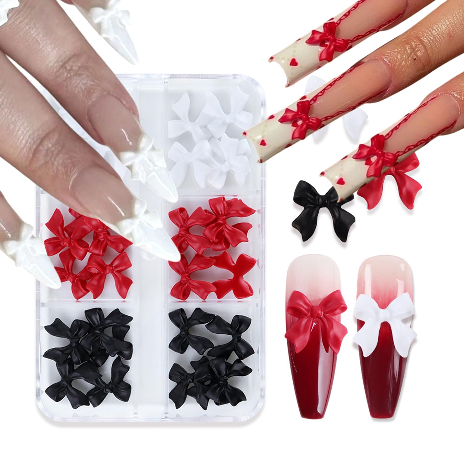 30 Pcs 3D Resin Bow Nail Charms - Black Red White Valentine's Day Nail Art Decorations for DIY Jewelry & Crafts | Perfect for Romantic Nail Designs, Bridal Manicures & Party Nail Art