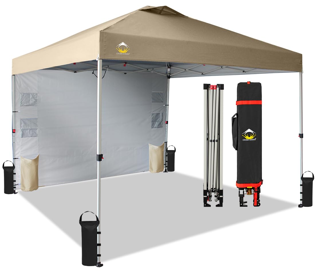 10x10 Pop Up Canopy Tent with Sidewalls & Pockets - Portable Instant Sun Shelter for Camping, Beach, Backyard & Outdoor Events - Easy One-Person Setup with Center Lock - Beige CROWN SHADES Canopy