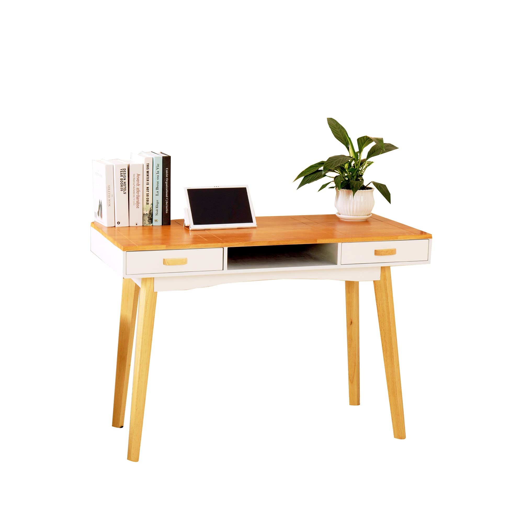 Modern Small Writing Desk with 2 Drawers - Mid Century Style Computer Desk & Vanity Table for Home Office, Bedroom - Solid Wood Legs, Compact Workspace Solution for Studying, Working & Makeup