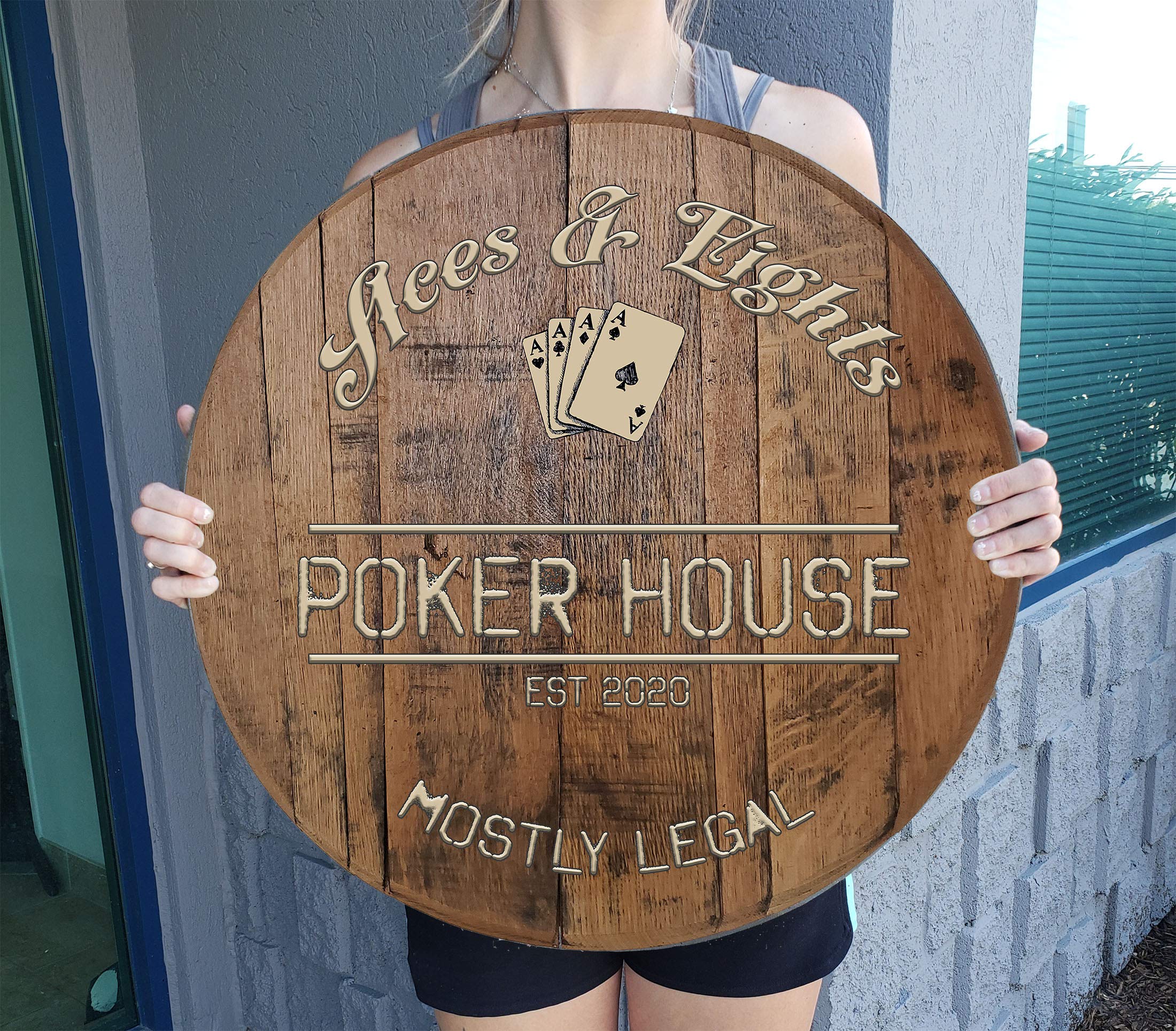 Personalized Whiskey Barrel Poker Room Sign - Rustic Wood Wall Decor for Man Cave, Casino Night & Home Bar - Natural Brown 22 Inch Wall Art Gift for Men