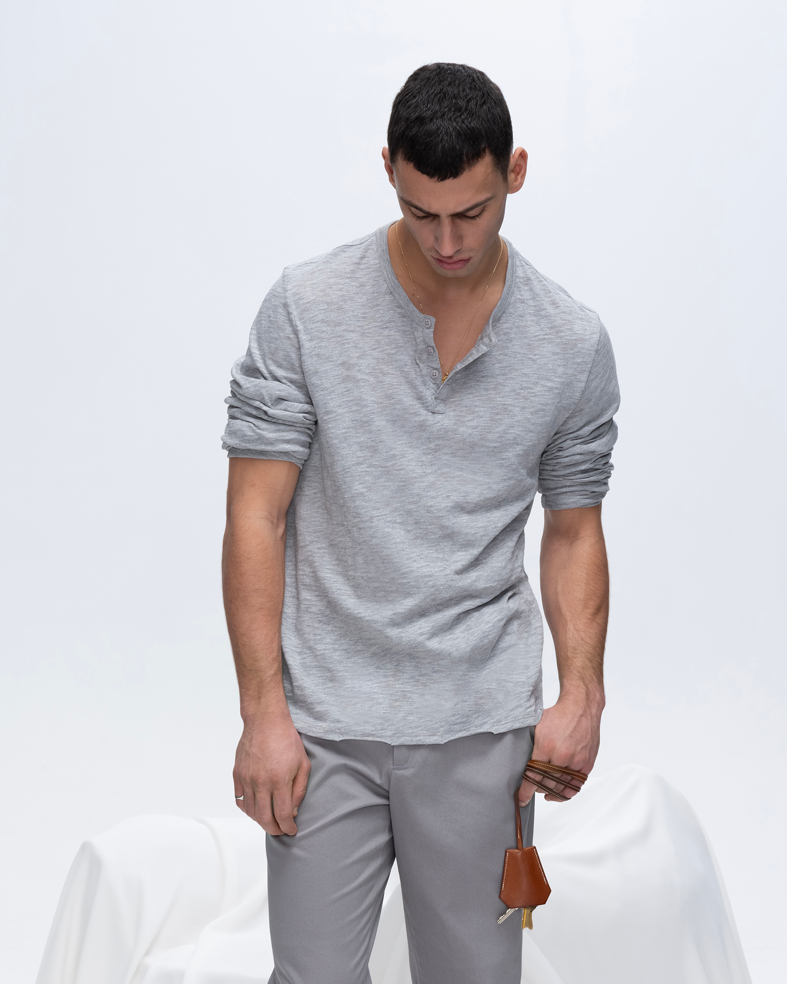 Men's Slub Jersey Destroyed Wash Henley T-Shirt - Heather Grey | Casual & Layered Outfits for Everyday Wear