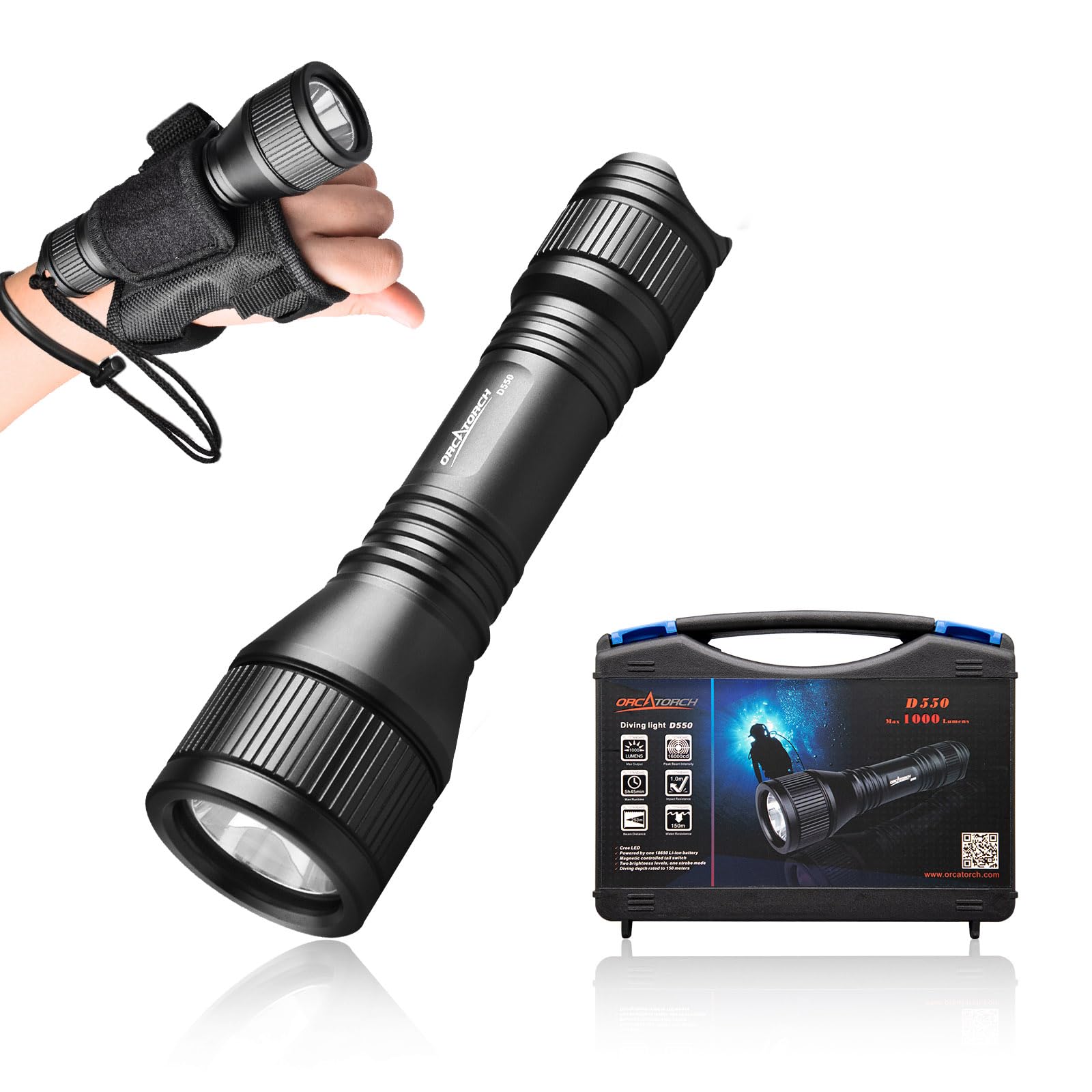 ORCATORCH D550 1000 Lumens Scuba Diving Flashlight - IP68 Waterproof Dive Light with 3 Modes & Wrist Mount for Underwater Exploration, Night Diving, Spearfishing, and Marine Sports