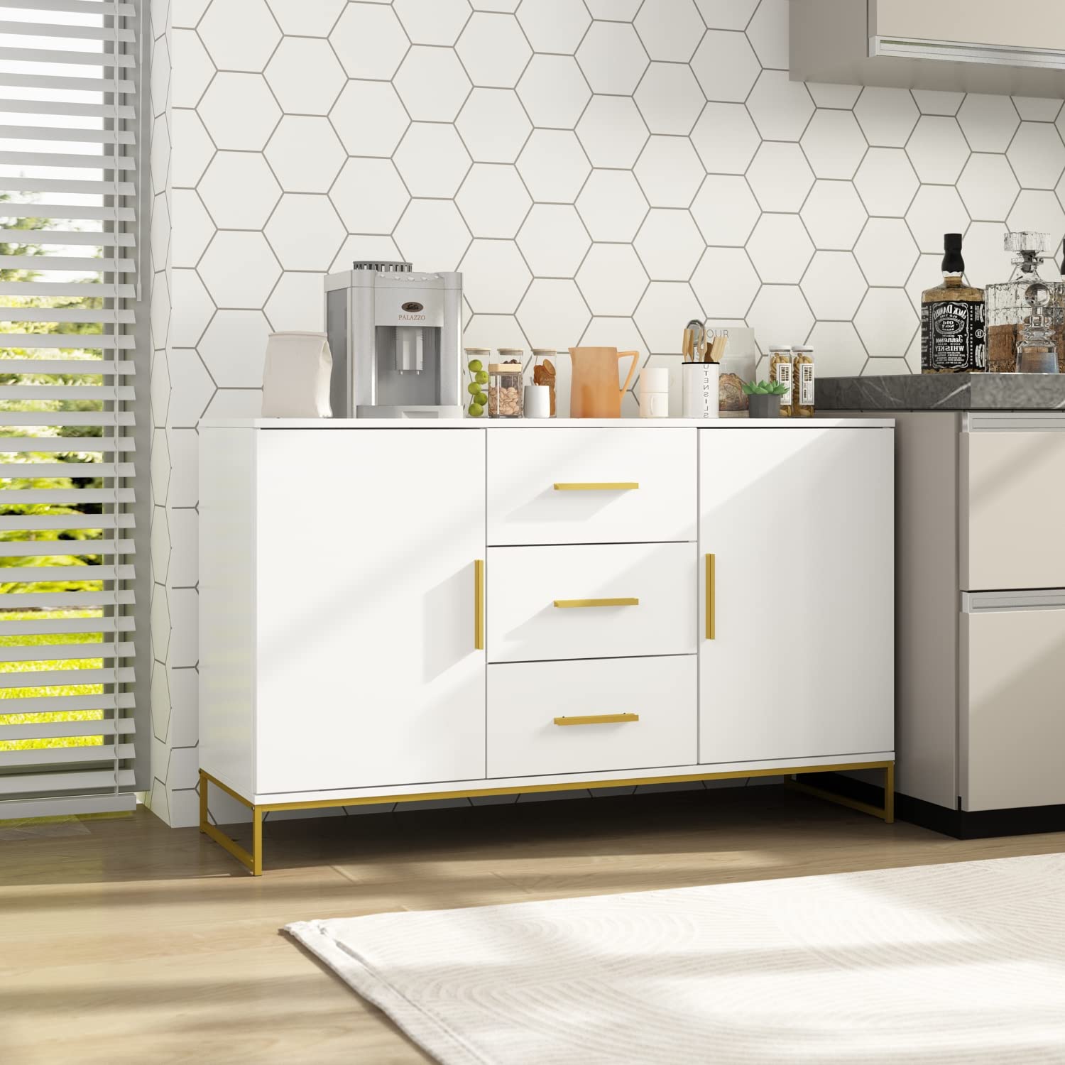 Hitow White Wooden Sideboard Buffet Cabinet - 2 Doors & 3 Drawers Kitchen Storage with Metal Legs, Dining Room Credenza Console Table for Entryway & Living Room | Perfect for Home Organization & Entertaining Guests