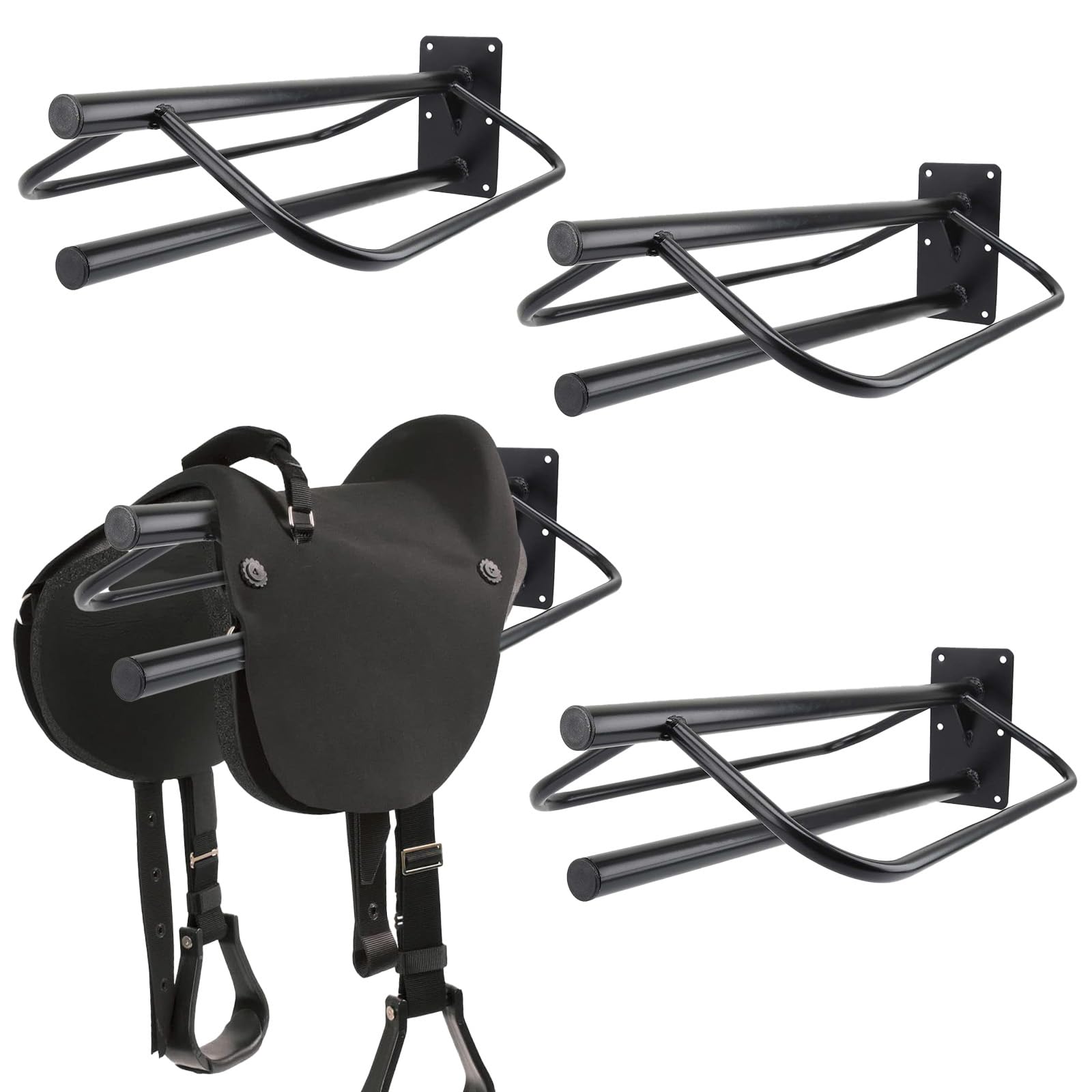 4 Pack Heavy Duty Wall Mounted Saddle Rack with Pad Bar - Sturdy English & Western Saddle Stand for Horses, Blankets & Tack Organization - Perfect for Barns, Stables & Equestrian Storage (Black)