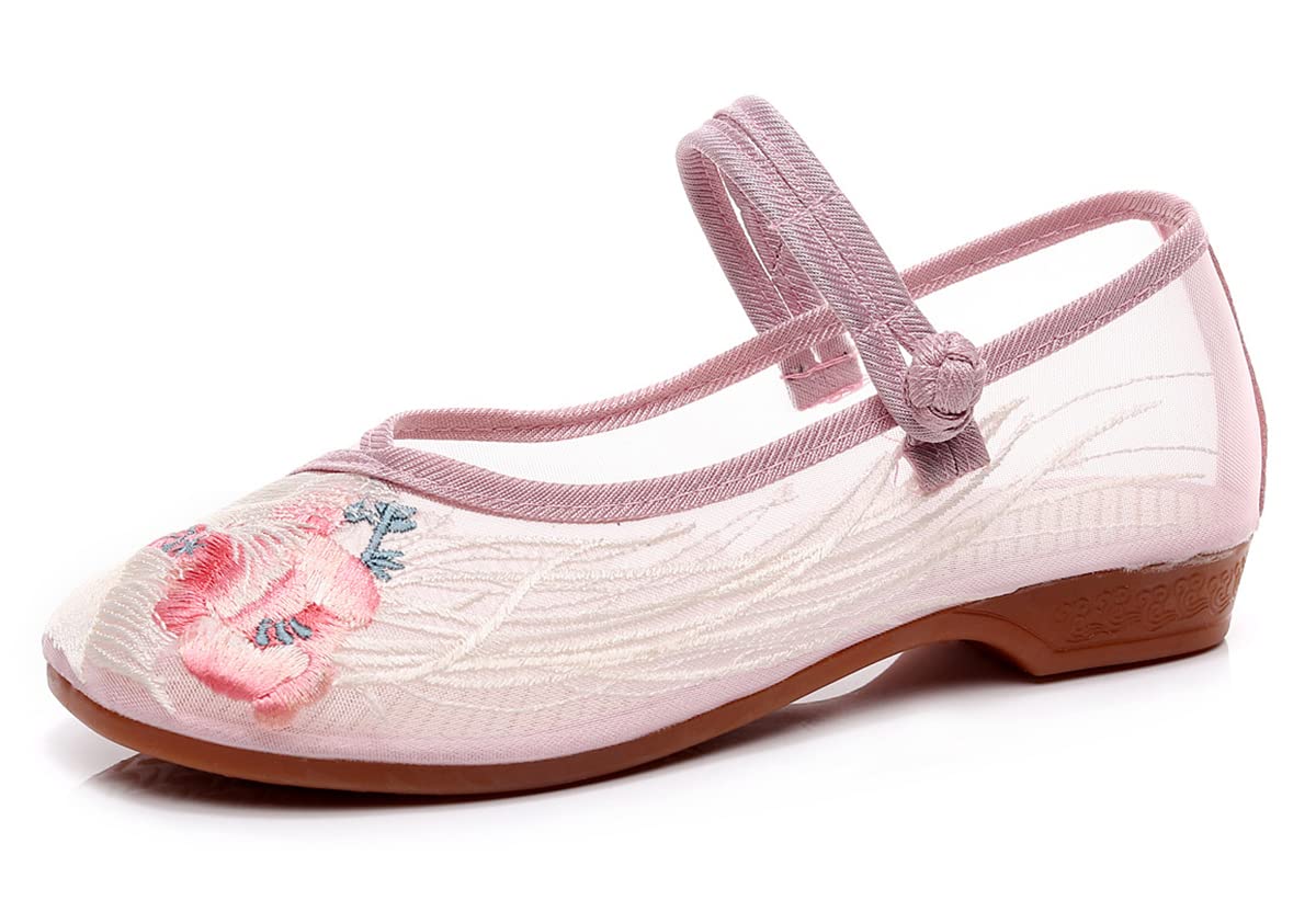 Embroidered Hanfu Shoes for Women - Breathable Mesh Cloth Performance Shoes - Traditional Chinese Style Slippers (Size EU39, Pink) - Perfect for Cosplay, Dance Performances, and Home Wear