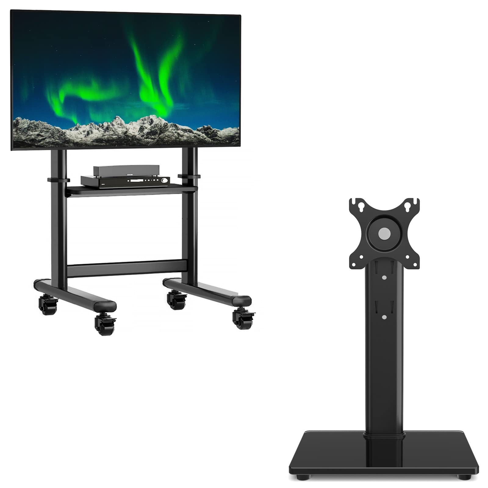 TVON TVMS1001 Single Monitor Stand for 13-32 inch Screens & TVMT5001 Rolling TV Cart for 50-100 inch TVs - Adjustable Height Workstation & Mobile Entertainment Center for Home Office, Classroom, and Living Room