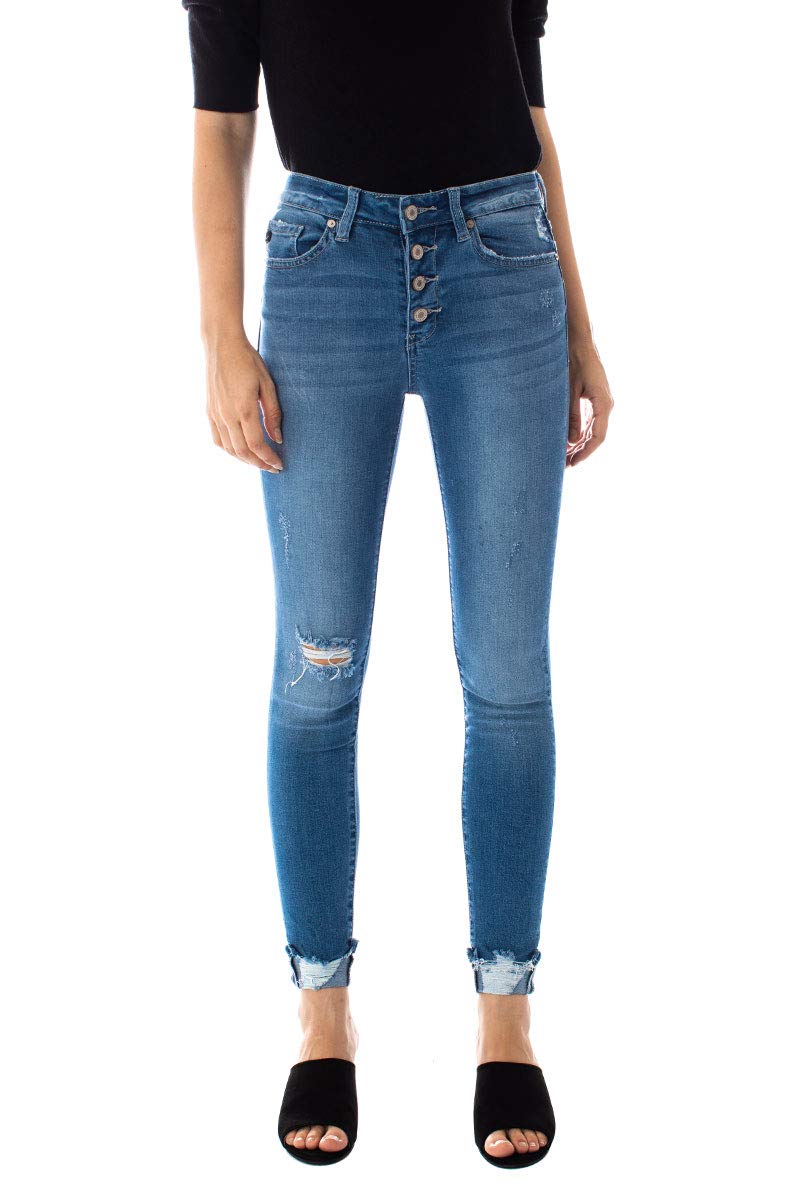 Kan Can Women's High Rise Button Fly Distressed Super Skinny Jeans - Stretch Denim Pants for Casual Wear, Night Out & Everyday Fashion