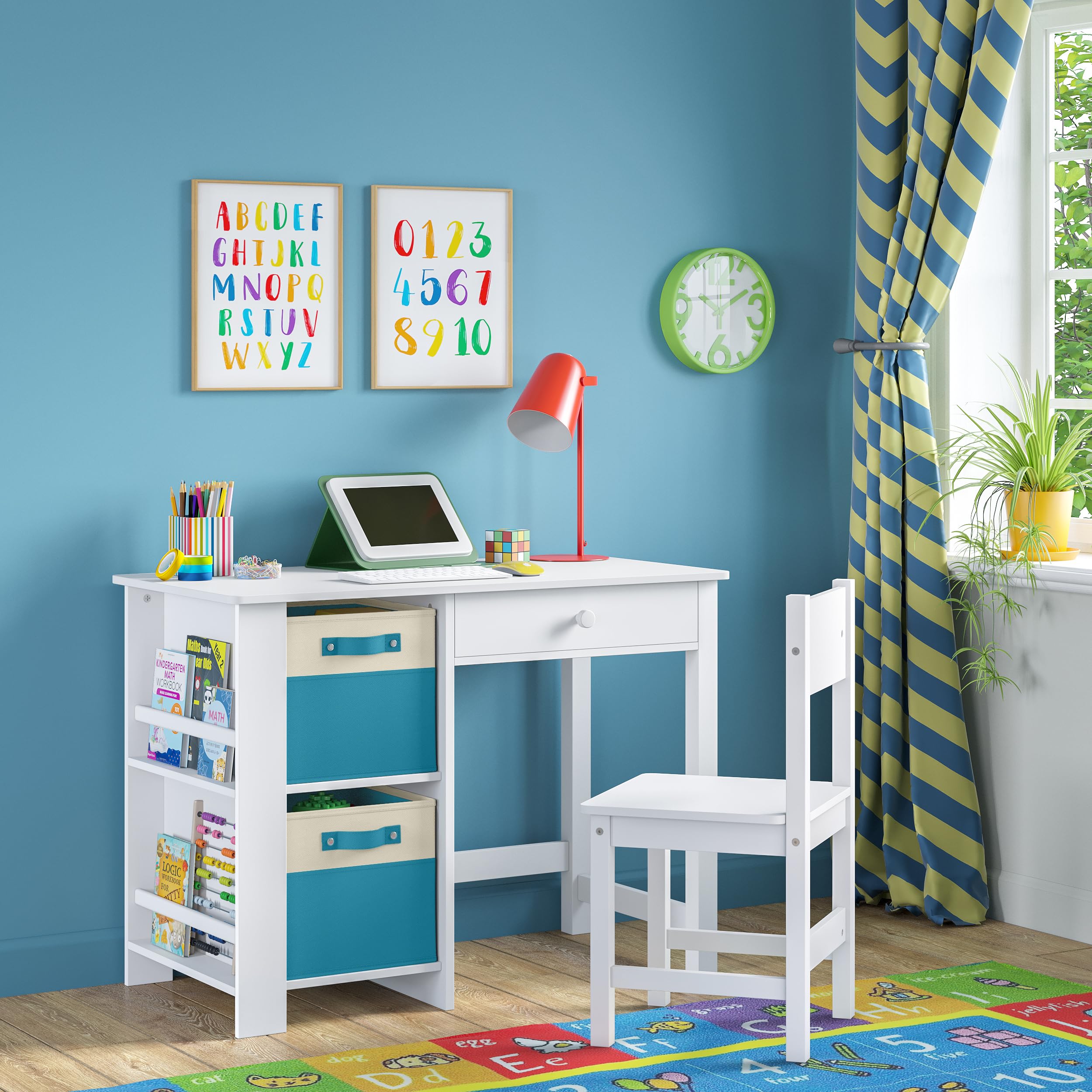 RiverRidge Kids Study Desk and Chair Set with Storage Cubbies, Drawer & Bookshelves - Adjustable Height Art Table for Children's Bedroom or Playroom, Includes 2 Foldable Fabric Storage Bins in Turquoise - Perfect for Homework, Drawing, and Organizing Toys