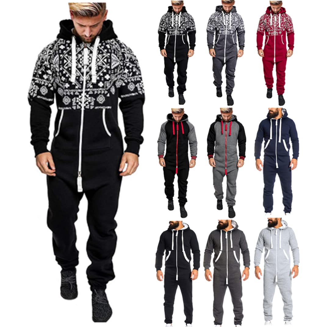 Sanahy Men's Hooded Full Zip Jumpsuit - Lightweight Long Sleeve One Piece Romper for Sports & Casual Wear - Black | Perfect for Workouts, Lounging & Outdoor Activities