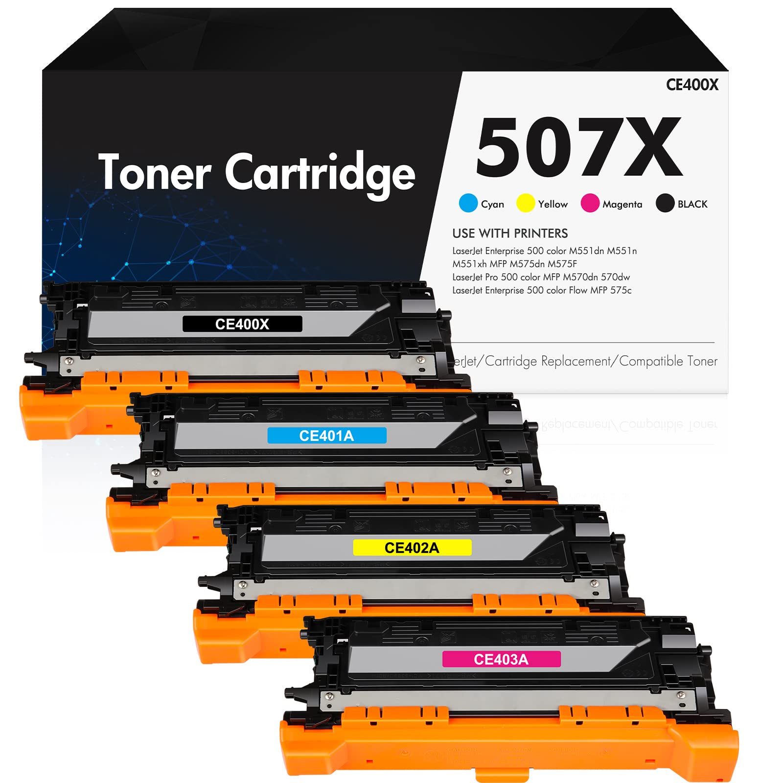 HP 507A 507X Compatible Toner Cartridge Replacement (4-Pack) - Black, Cyan, Yellow, Magenta for HP CE400X CE401A CE402A CE403A M551 M551n M551dn M551xh M570dn M570dw M575f 575c Printers | High-Quality Office & Home Printing Solution
