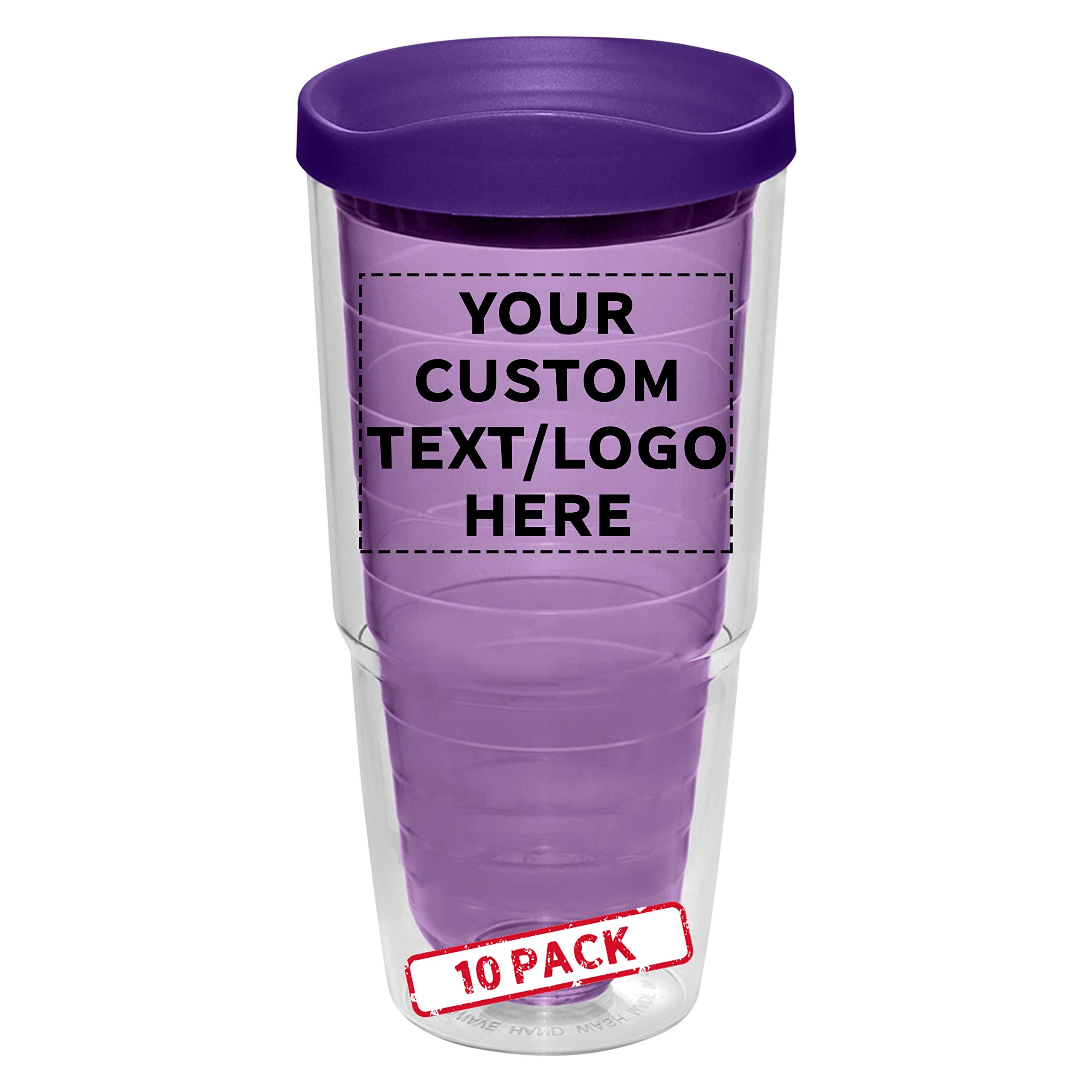 10 Pack 24 oz Acrylic Tumblers with Custom Text & Logo - Double Wall Insulated, Color Matching Lid - Purple - Perfect for Parties, Events & Personalized Gifts