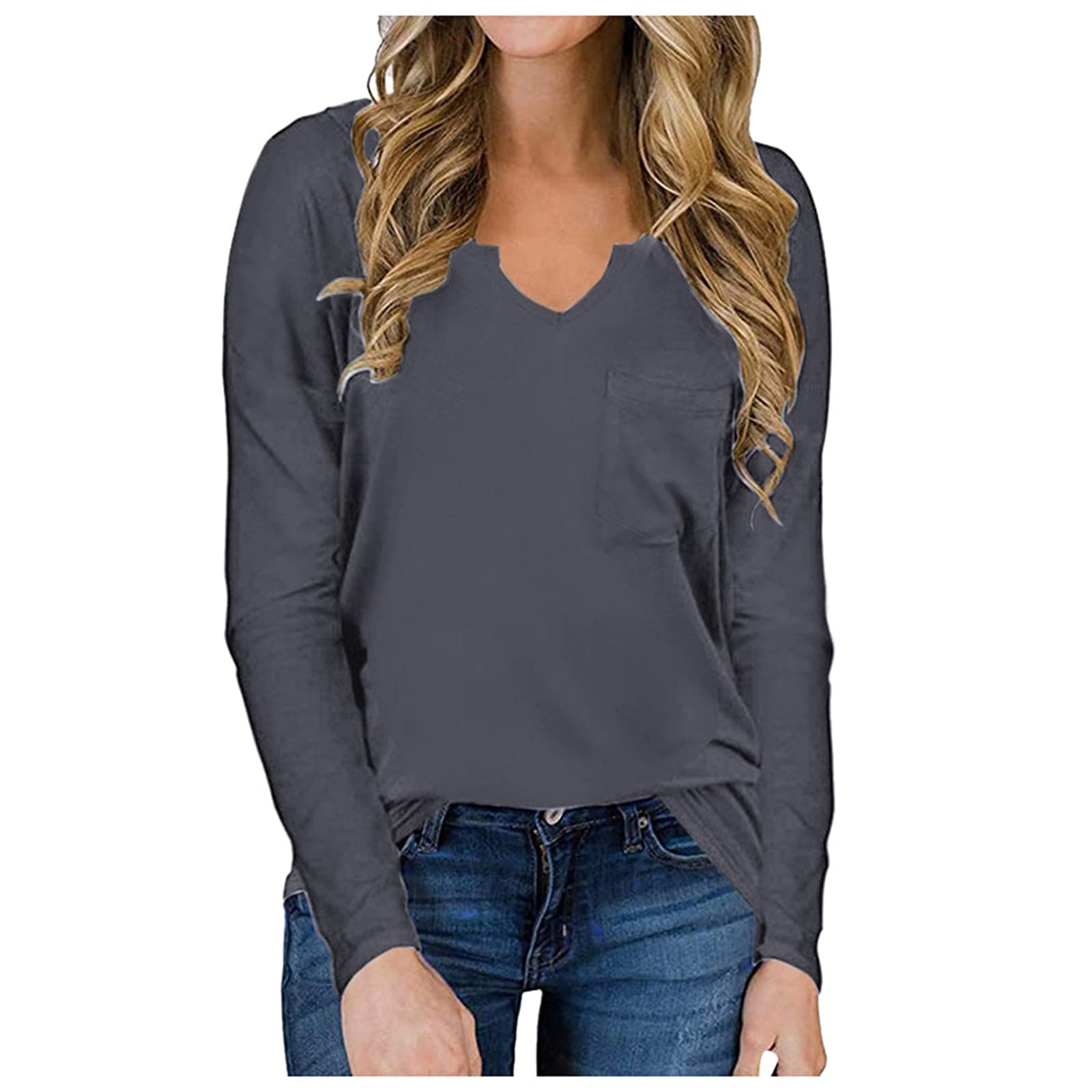 ZEFOTIM Women's Trendy Long Sleeve V-Neck Blouse - Spring Fashion Ruffled Pocket Tunic Top for Casual Wear | Office, Dating & Weekend Outfits